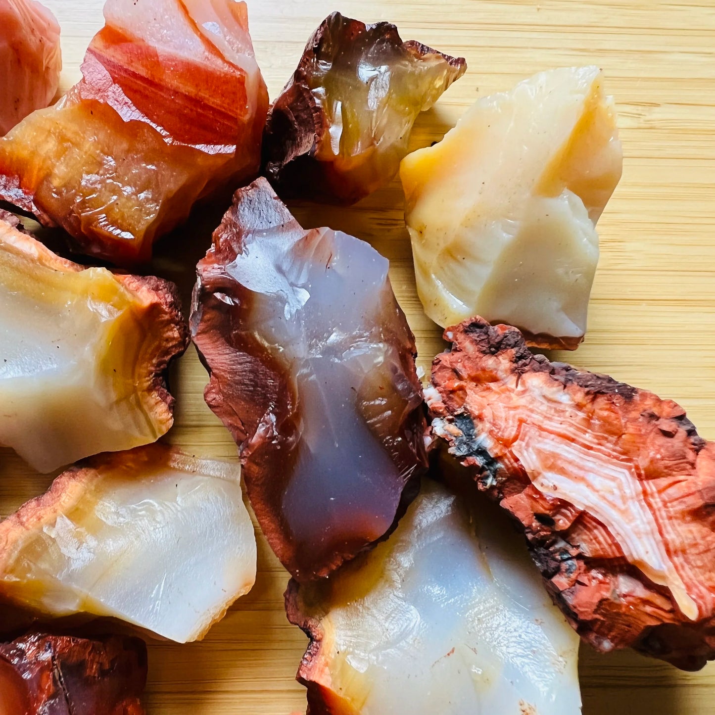 Top view of Grade AA Carnelian raw, sourced from Boeny, Madagascar