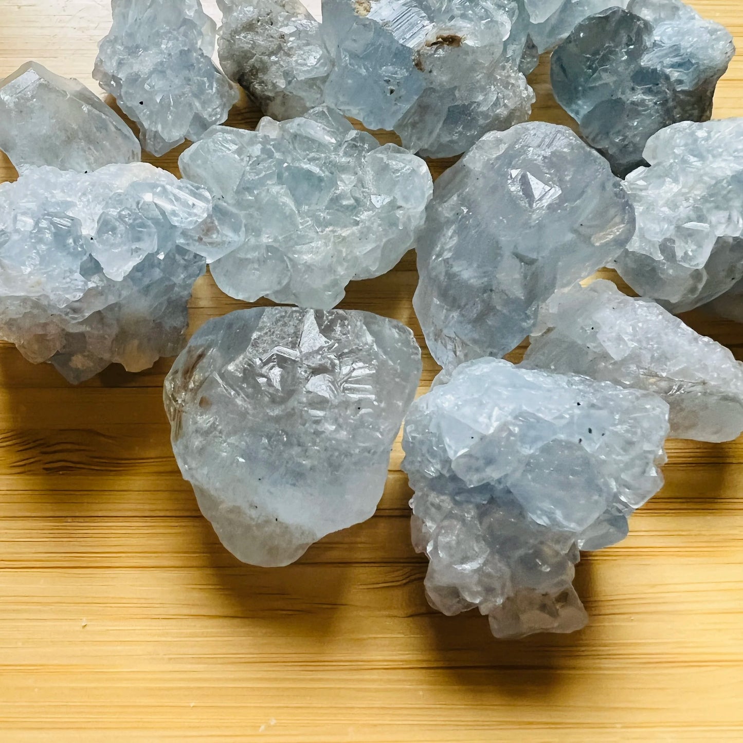 Close detail of Celestite raw stone, showing untreated character, hand-selected from Sakoany, Madagascar.