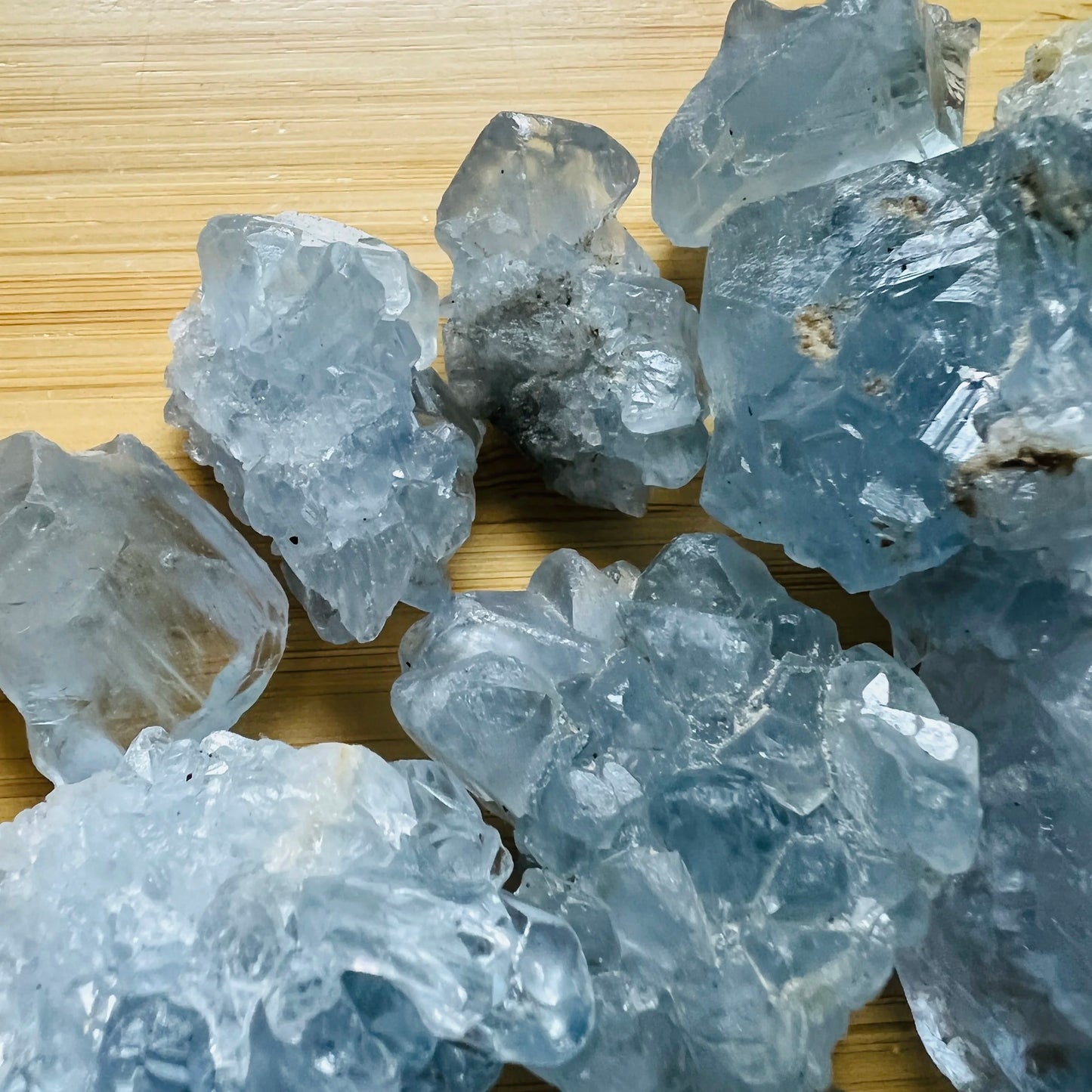 Plan view of blue Celestite raw stone, showing subtle veining.