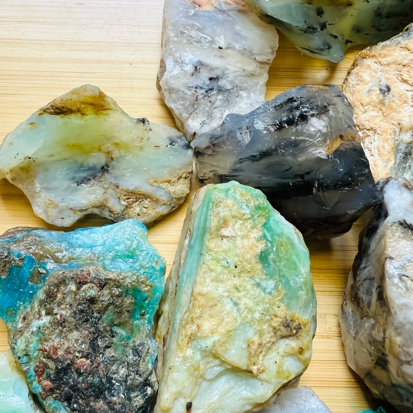 Close-up of Blue Opal raw stone from Peru, soothing wellness stone for Emotional Healing