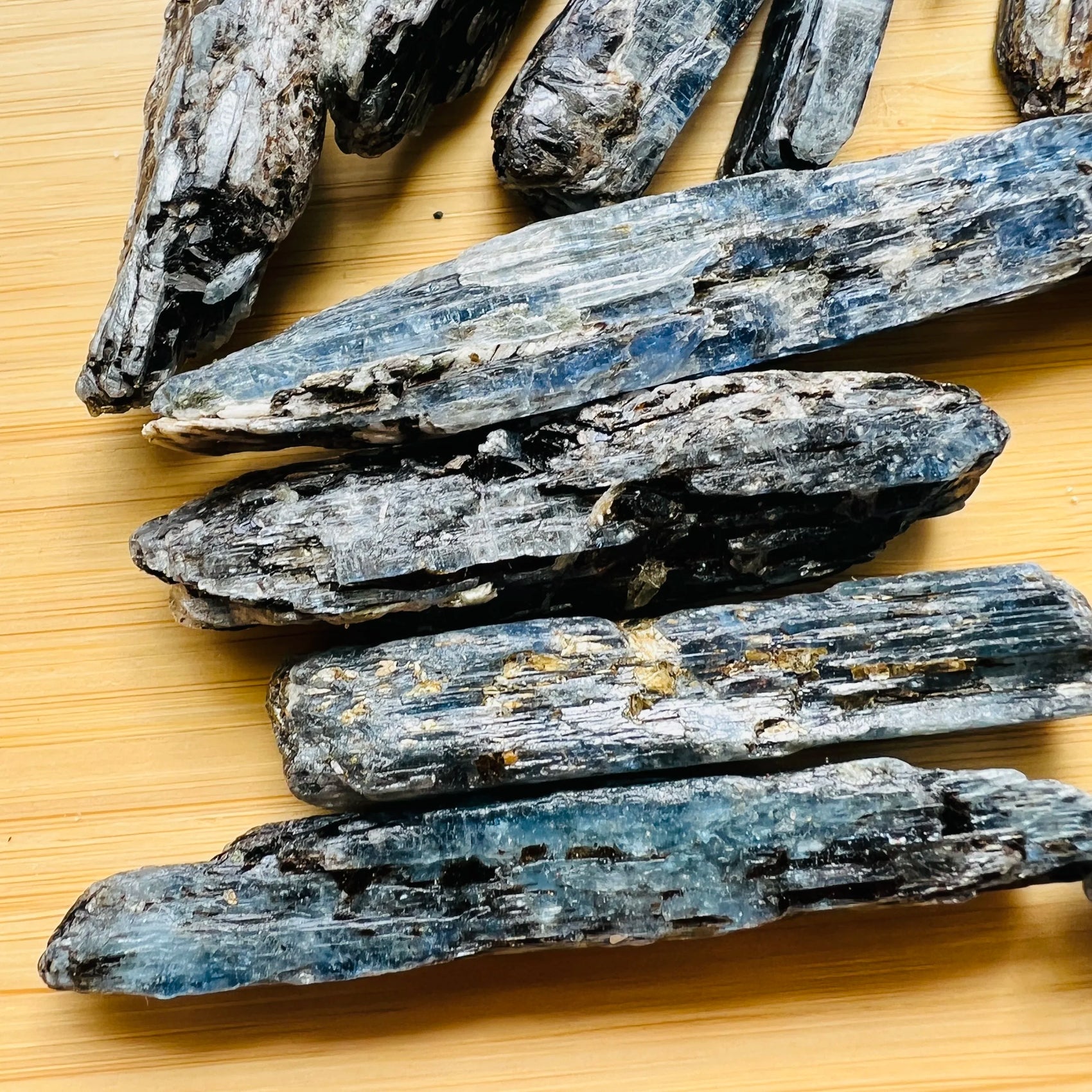 Profile view of Blue Kyanite raw stone, showing untreated character, hand-selected from Mashonaland West, Zimbabwe.