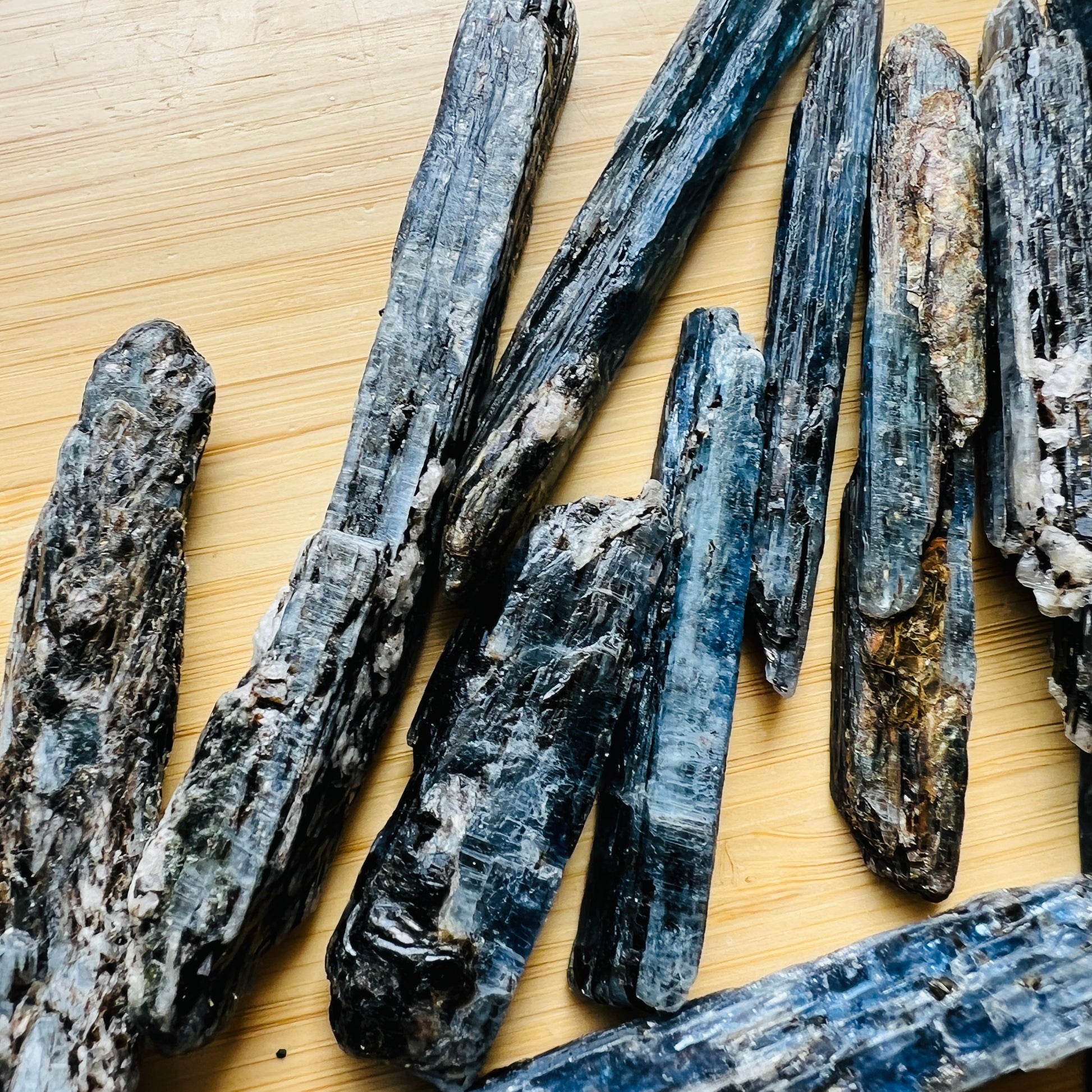 Plan view of Blue Kyanite raw stone, showing natural patina.