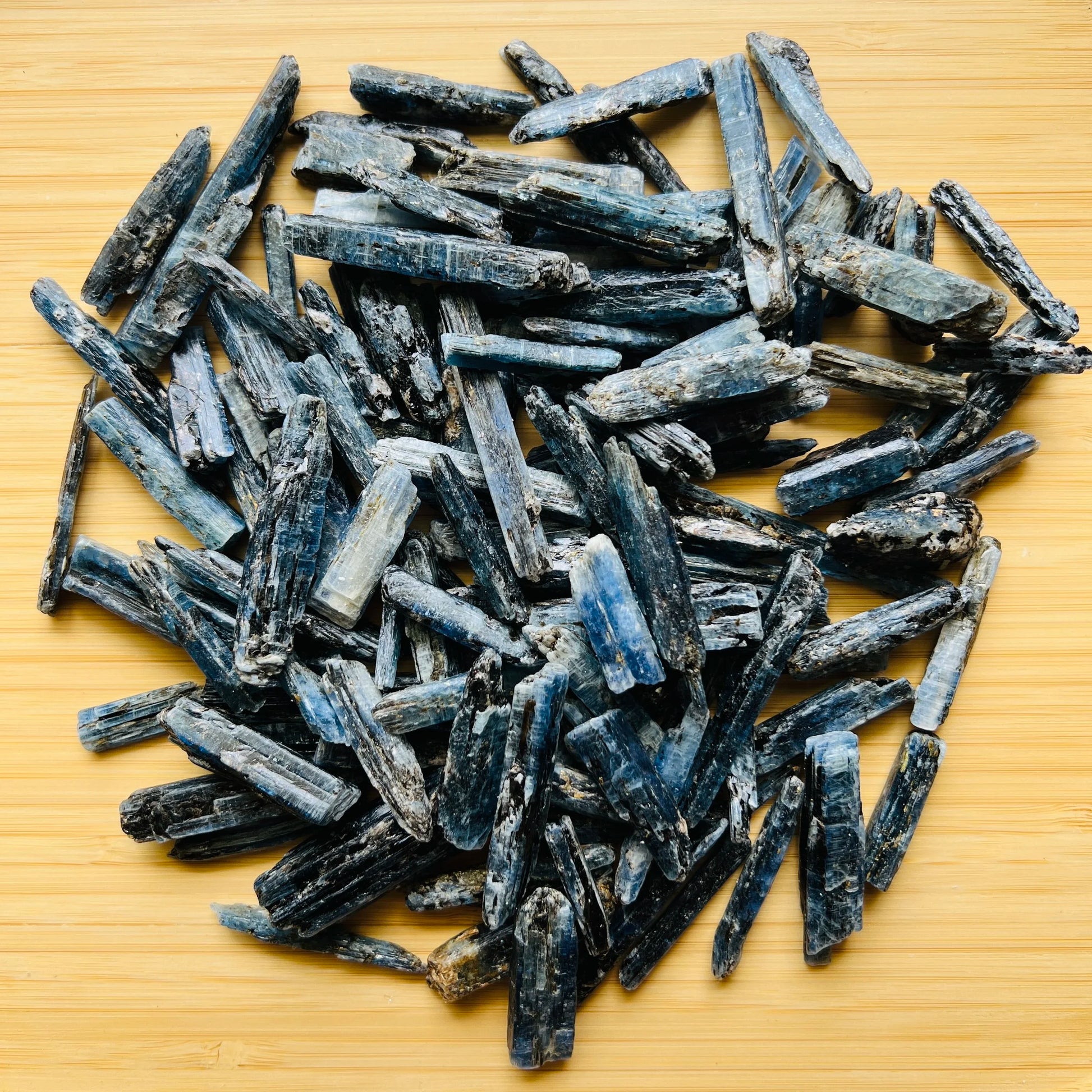 Detail shot showing Blue Kyanite raw stone, sourced from Mashonaland West, Zimbabwe.