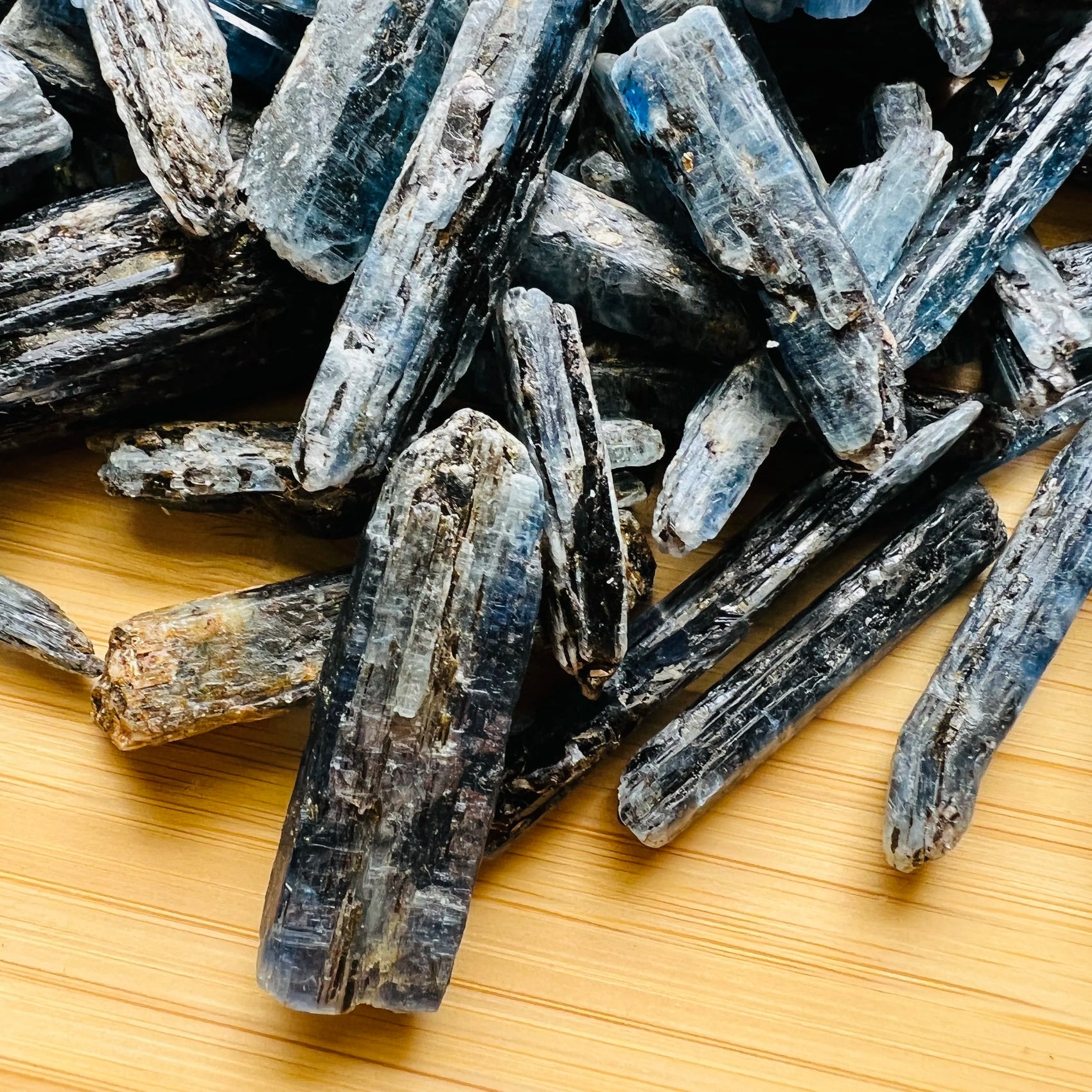 Close-up of Blue Kyanite raw crystal from Zimbabwe, soothing wellness stone for Intuition