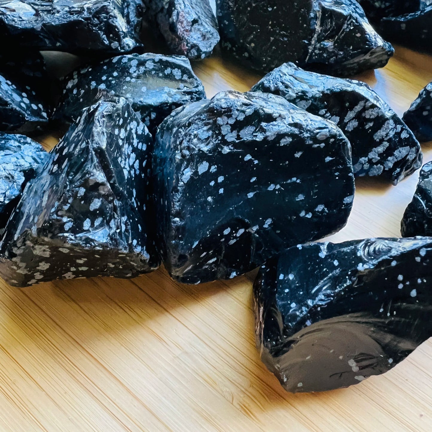 Hand-held view of a Snowflake Obsidian raw stone held against natural backdrop, United States-sourced.