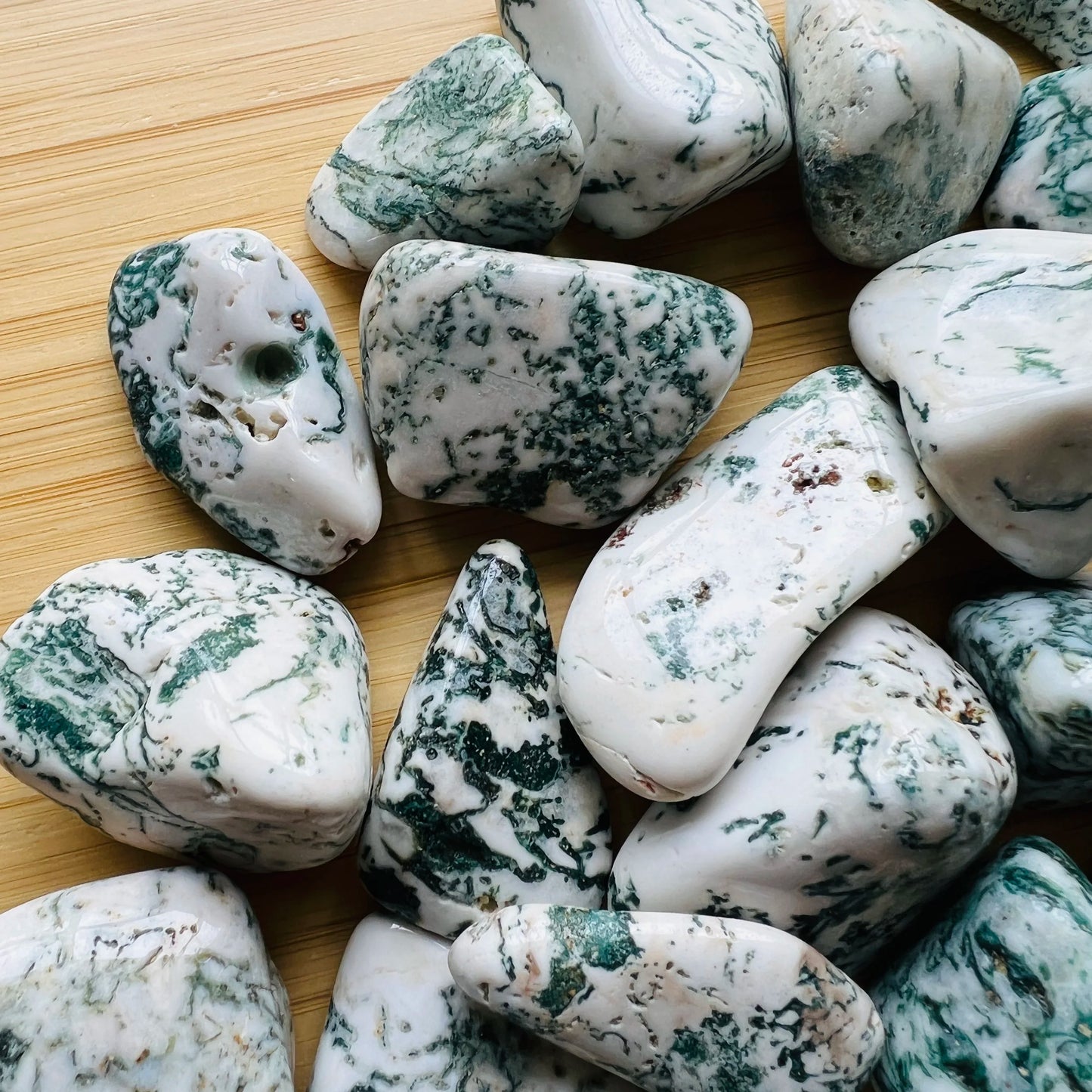 Detail shot of Grade A Tree Agate tumbled stone under natural light