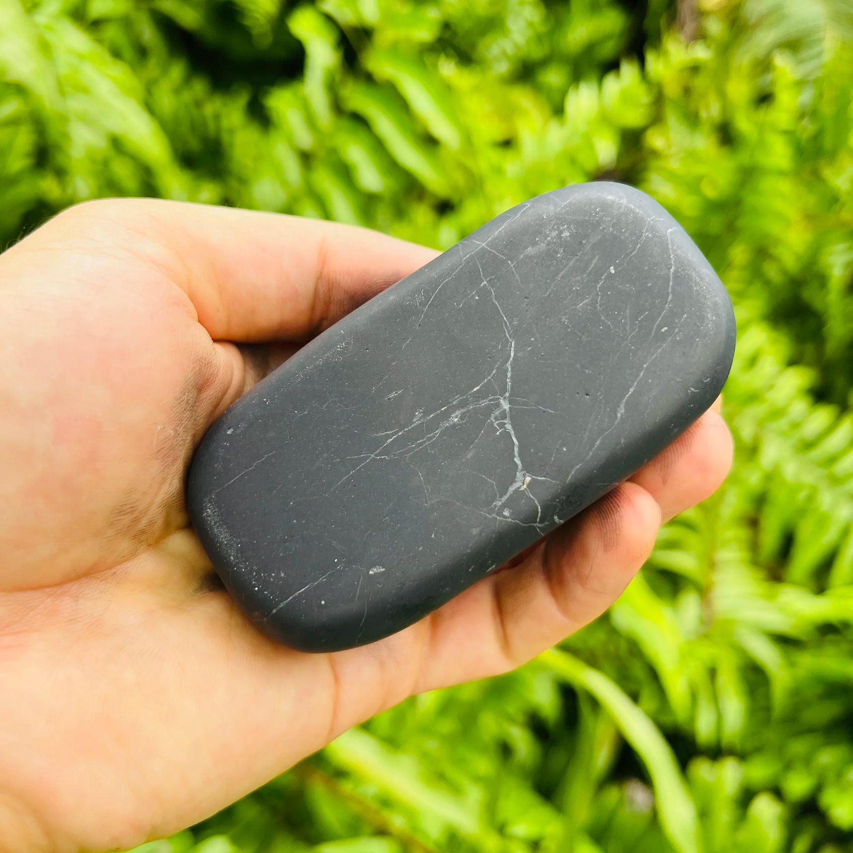 Grain detail of Shungite palm stone, often worked with for Protection, showing translucent edges.