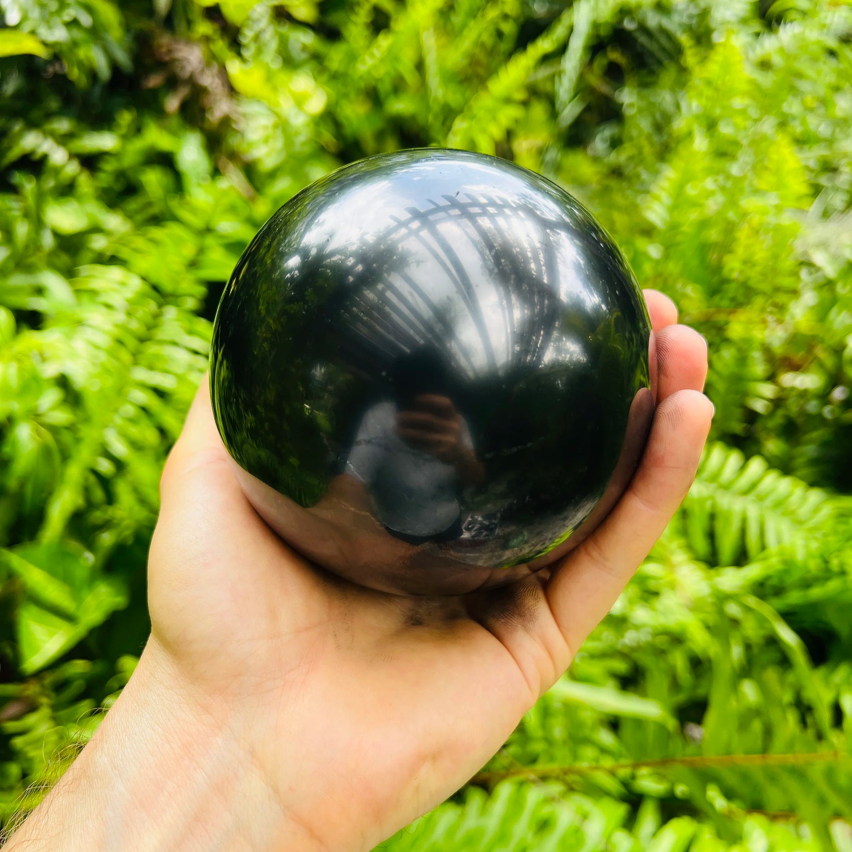 Size comparison with a Shungite polished sphere held against natural backdrop.
