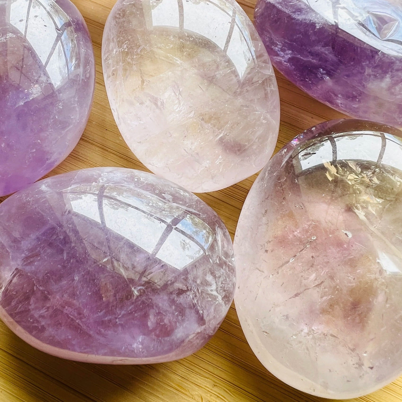 Side-on view of purple Amethyst palm stone, Madagascar-sourced.
