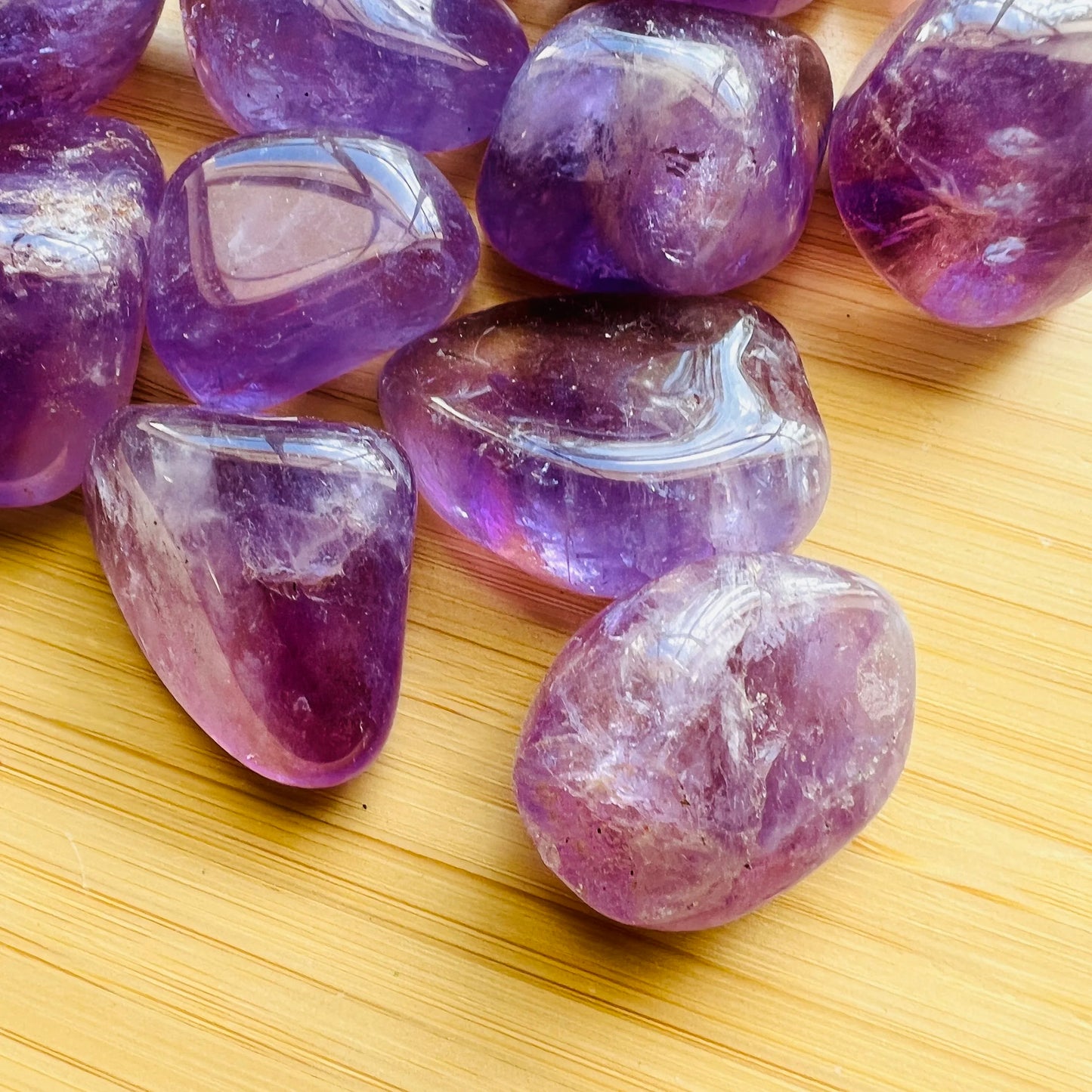 Looking down on Amethyst tumbled stone, sourced from Rio Grande do Sul, Brazil.
