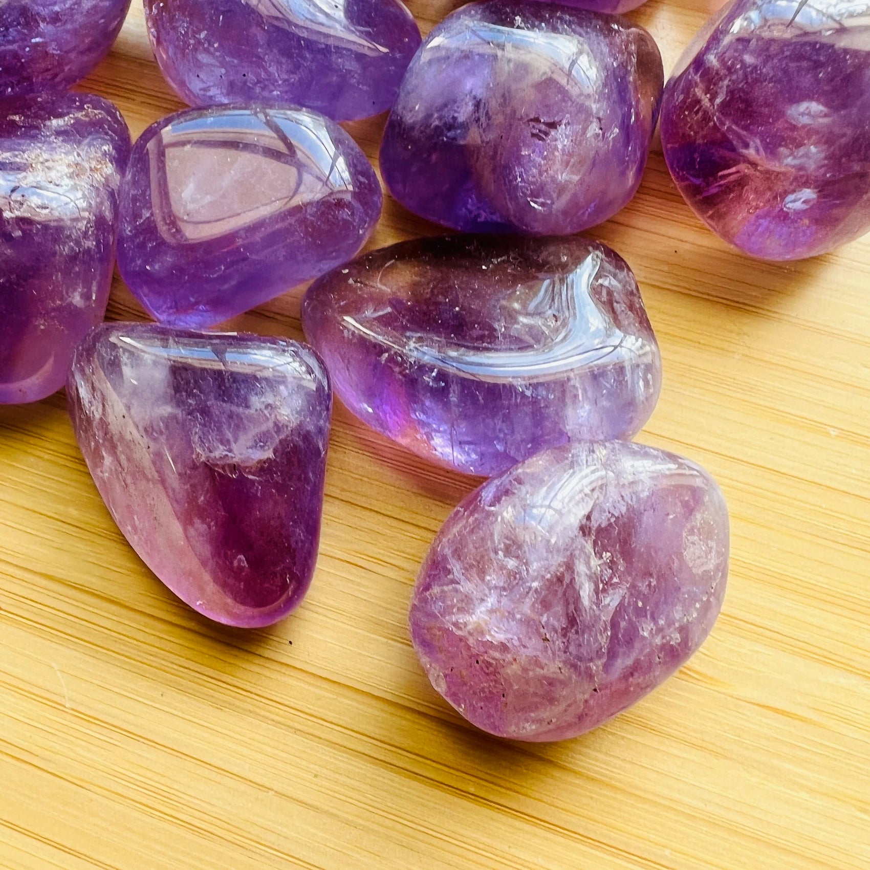 Looking down on Amethyst tumbled stone, sourced from Rio Grande do Sul, Brazil.