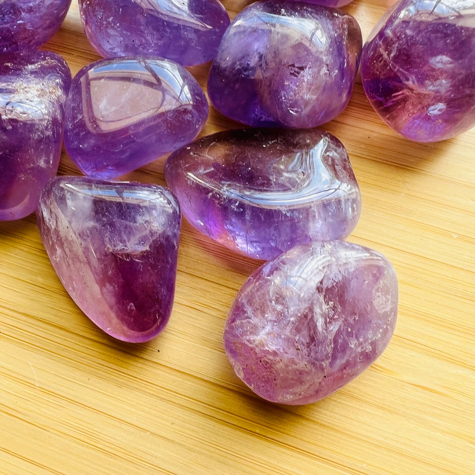 Looking down on Amethyst tumbled stone, sourced from Rio Grande do Sul, Brazil.