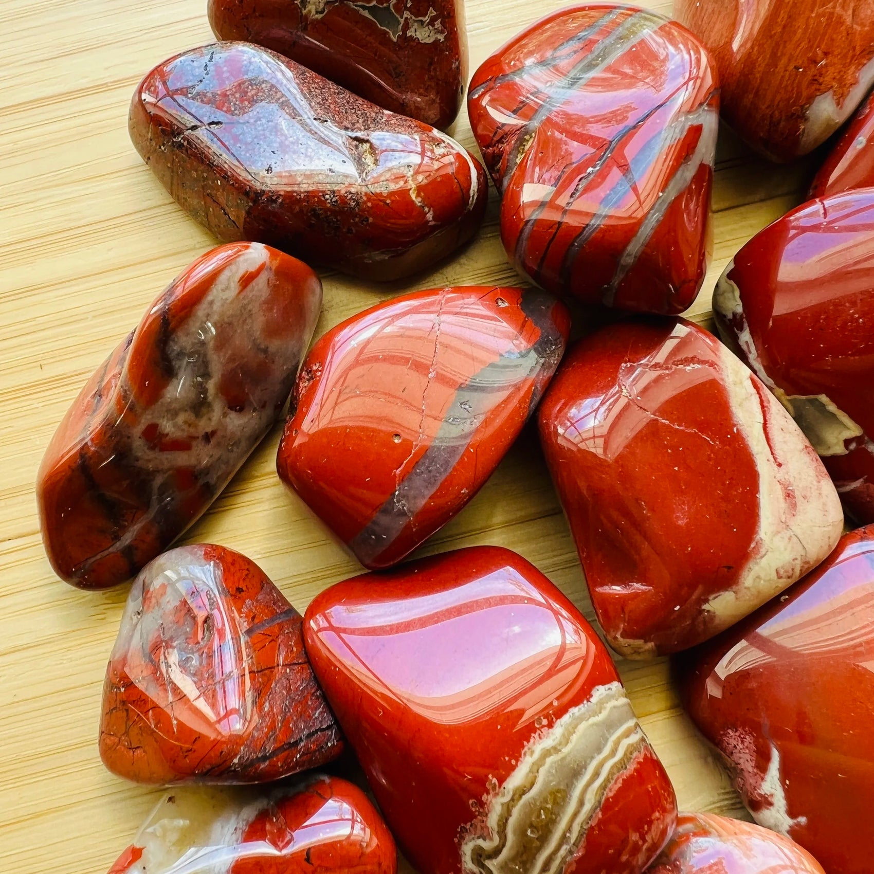 Full profile of Grade AA Red Jasper tumbled stone ready to ship from Beyond Bohemian