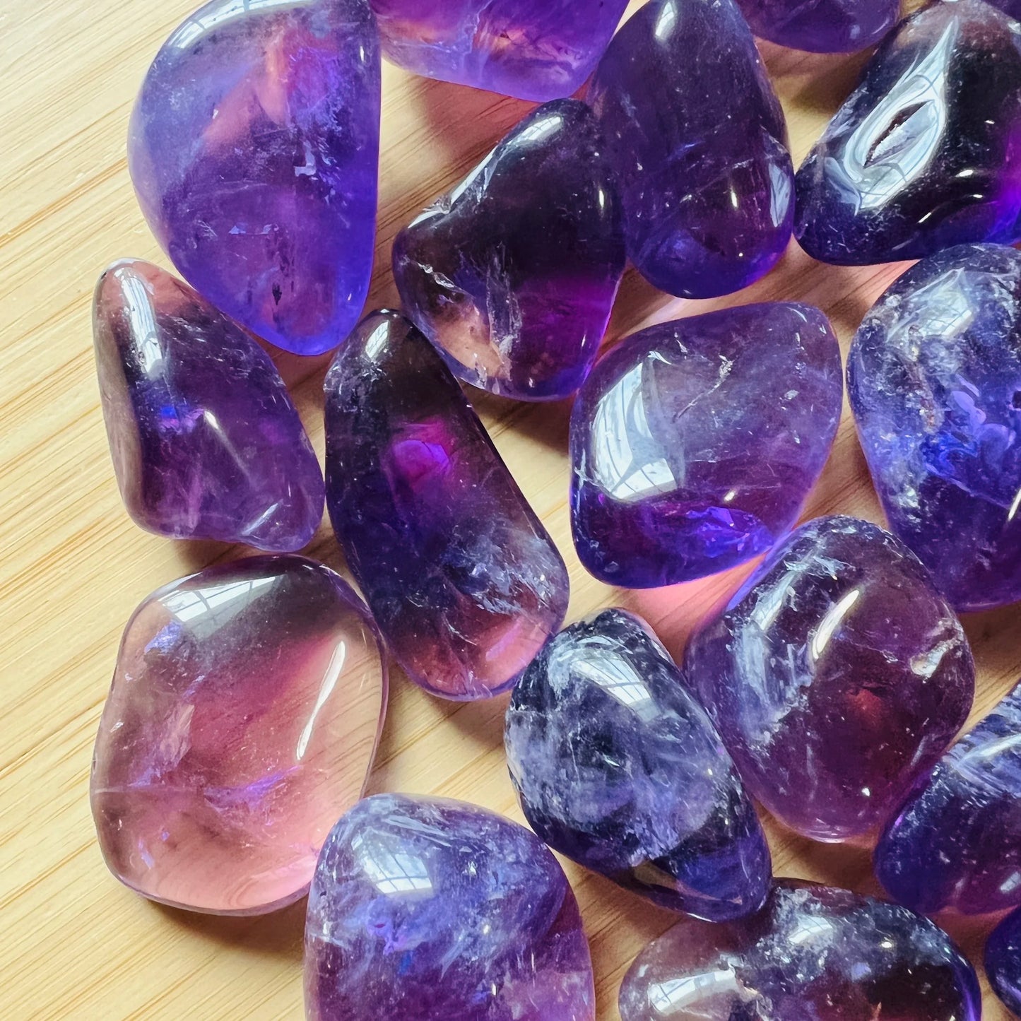 Full profile of Grade AAA Amethyst tumbled stone ready to ship from Beyond Bohemian