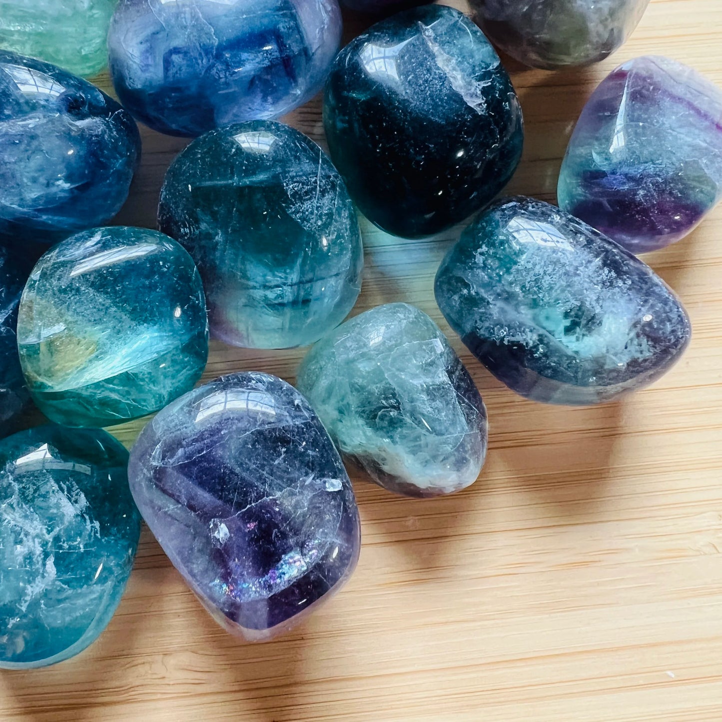Full profile of Grade AA Fluorite tumbled stone ready to ship from Beyond Bohemian