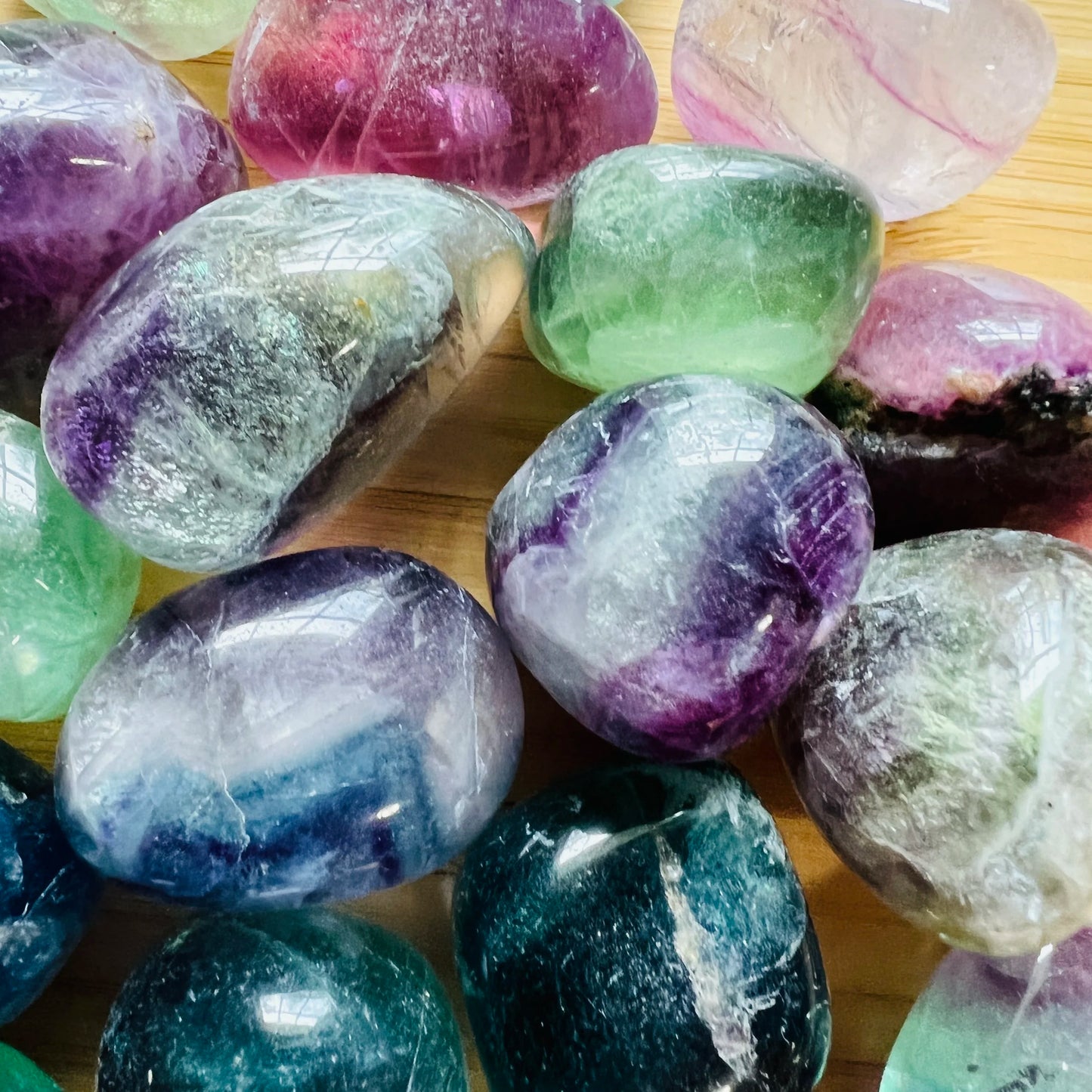 Full profile of Grade AA Fluorite tumbled stone ready to ship from Beyond Bohemian