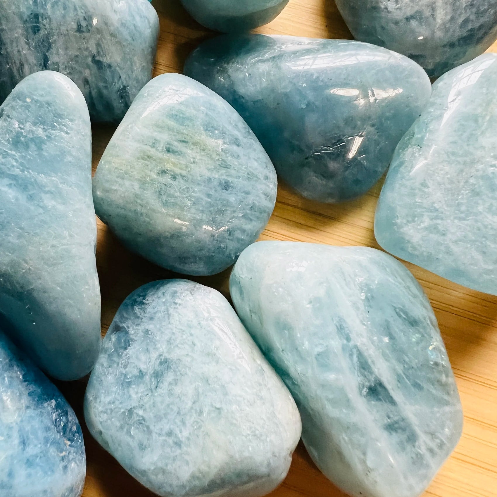 Full profile of Grade AAA Aquamarine tumbled stone ready to ship from Beyond Bohemian