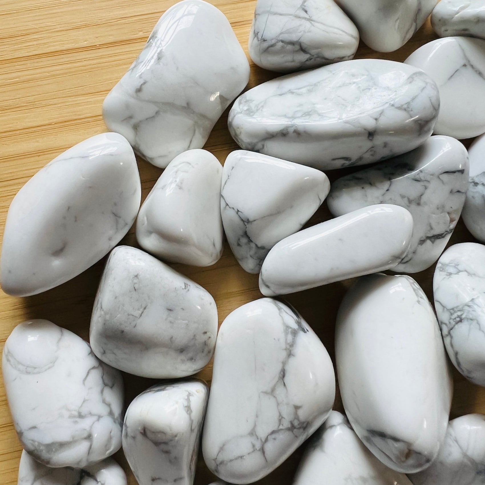 Full profile of Grade AA Howlite tumbled stone ready to ship from Beyond Bohemian