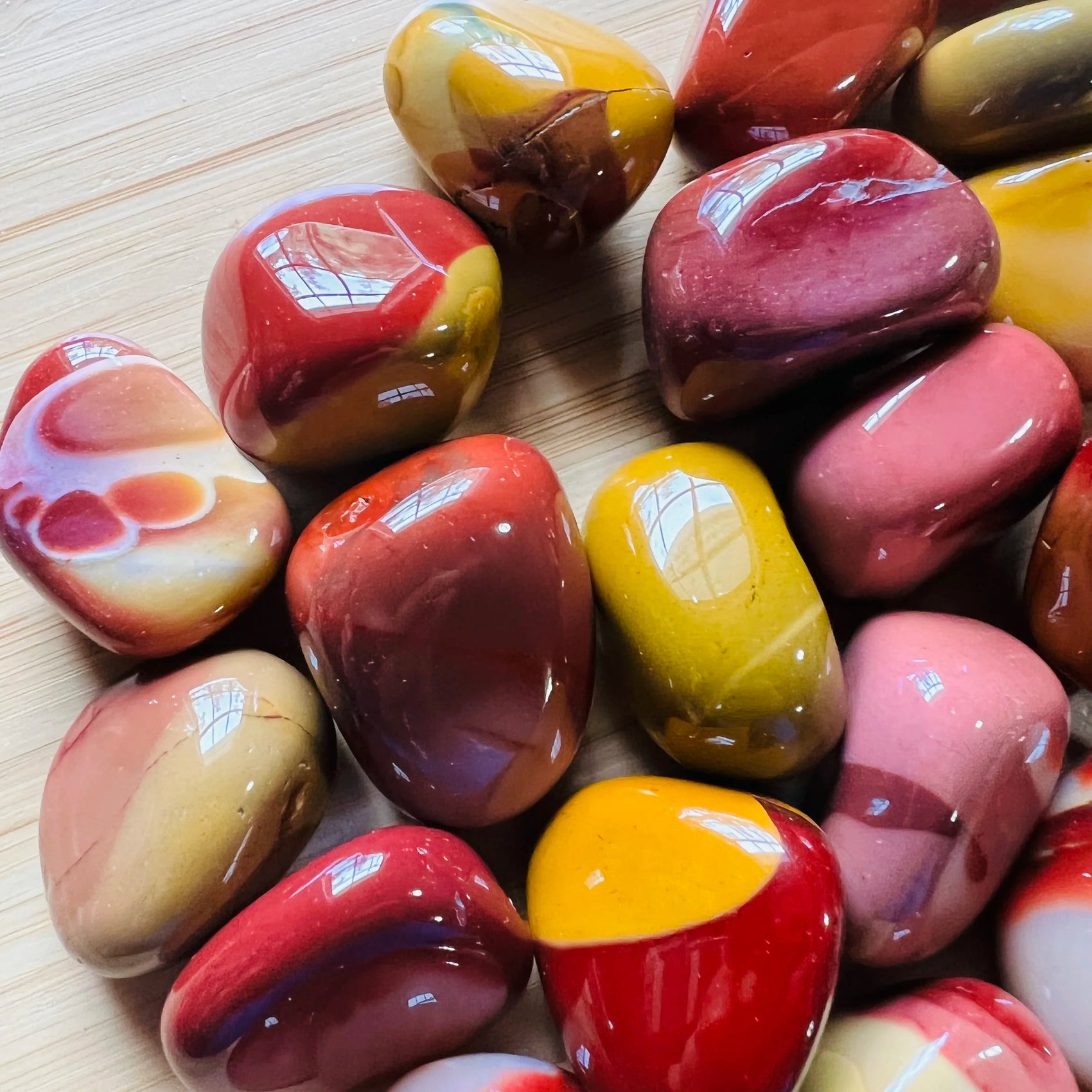 Lifestyle still of Mookaite stone, with subtle natural color showing through.