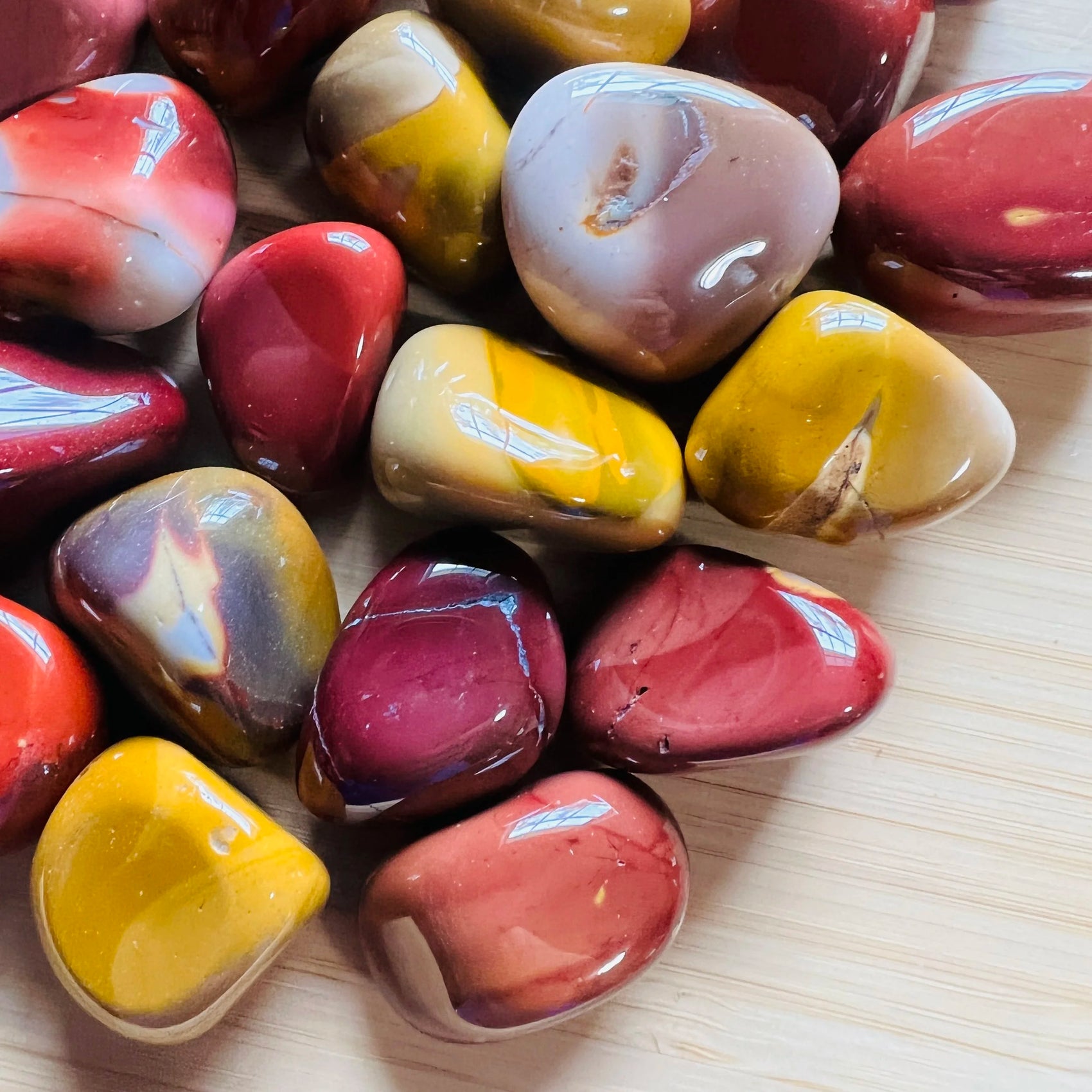 Mookaite tumbled stones, Grade AA, Australian jasper in red, mustard and cream tones