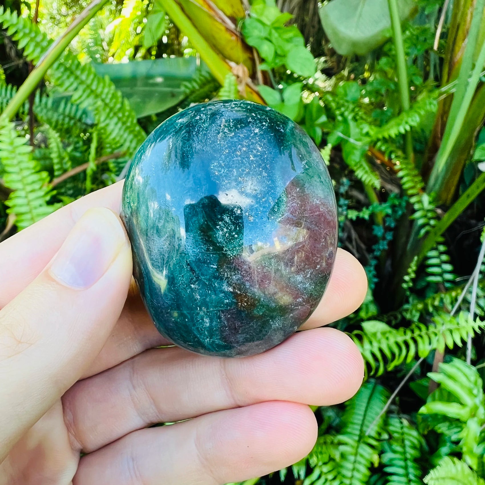 Full profile of Grade AA Ocean Jasper palm stone ready to ship from Beyond Bohemian