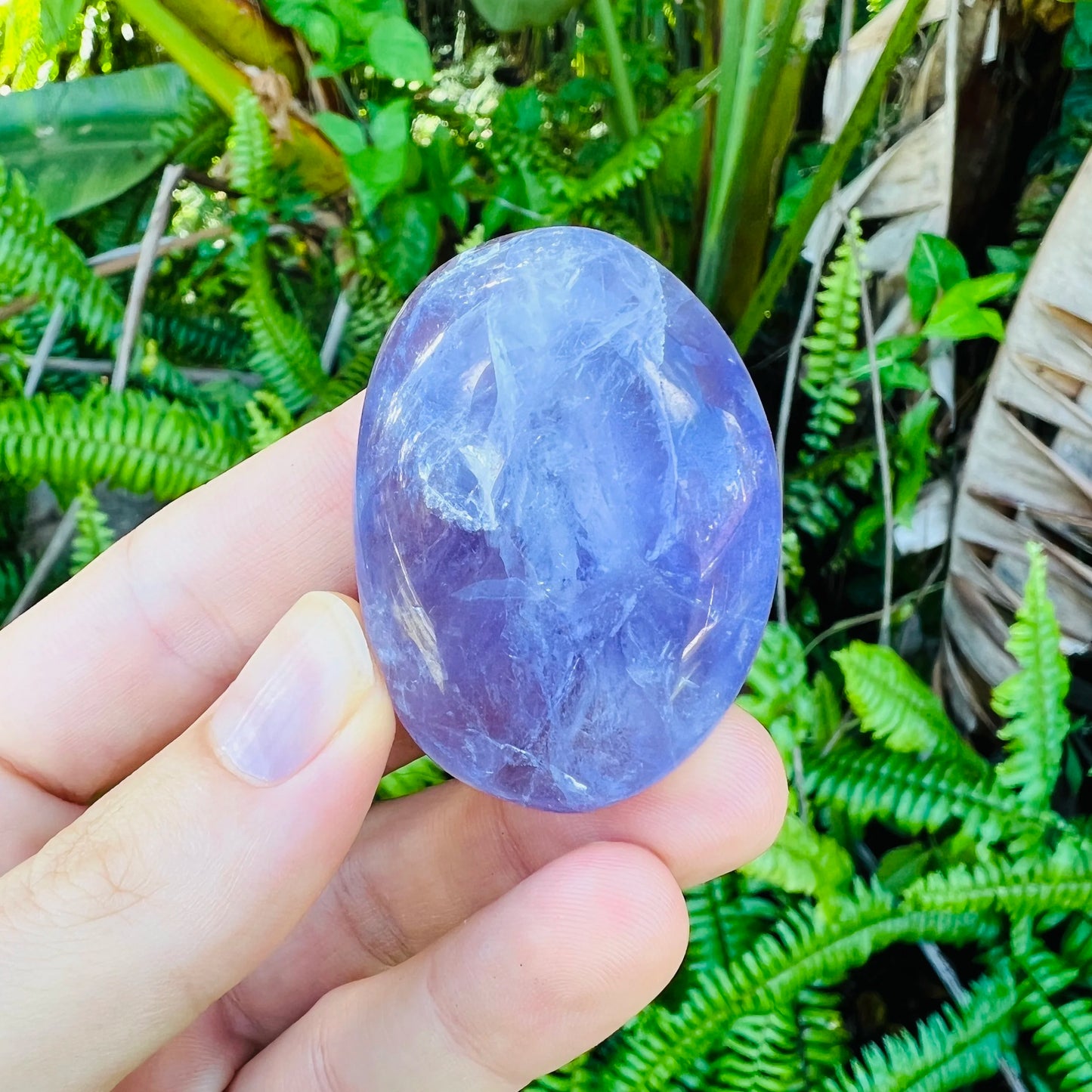 Holding an Amethyst palm stone, from Anosy, Madagascar, with form visible in context.