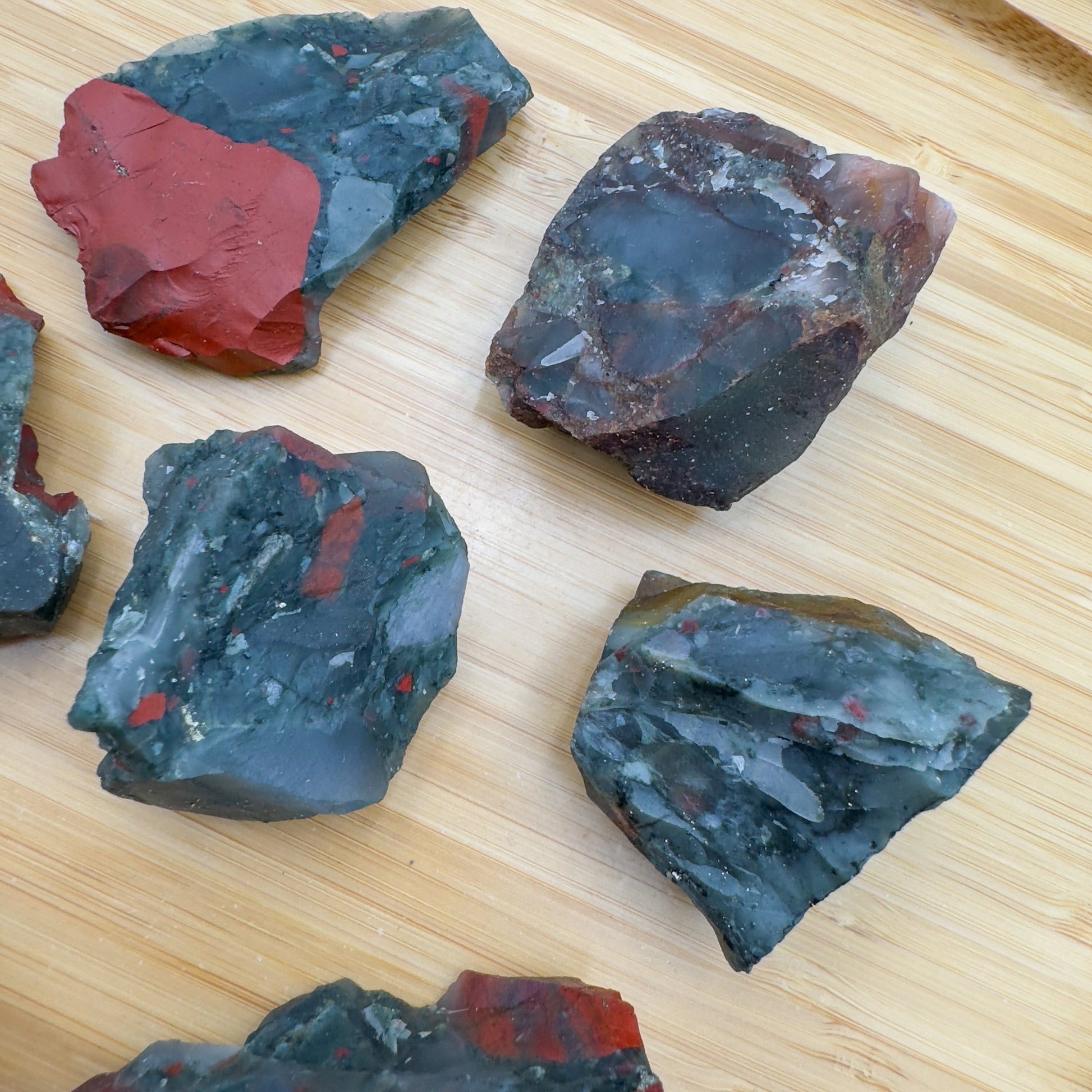 Alternate angle of Grade AA Bloodstone raw showing overall shape