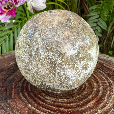 Ocean Jasper sphere in Green, Pink tones, ethically sourced from Madagascar for Emotional Healing and Stress Relief