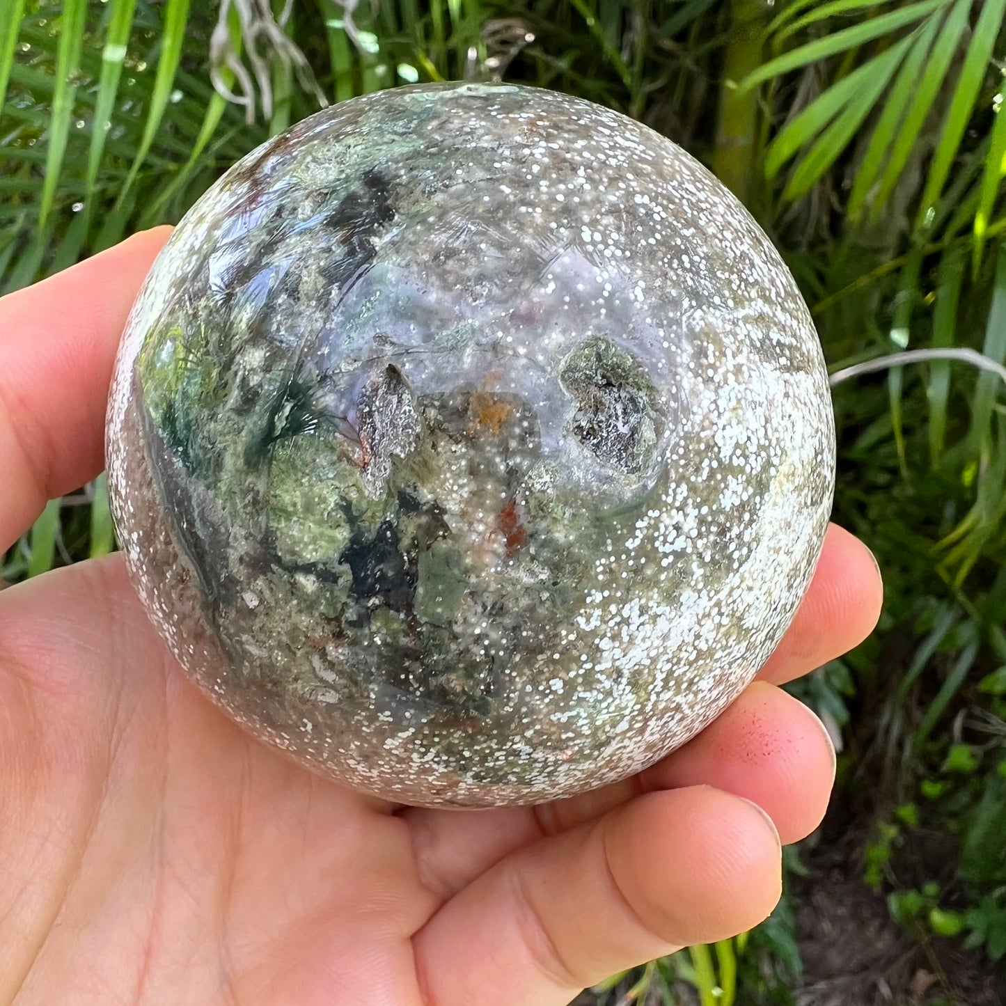 Full profile of Grade AA Ocean Jasper sphere ready to ship from Beyond Bohemian
