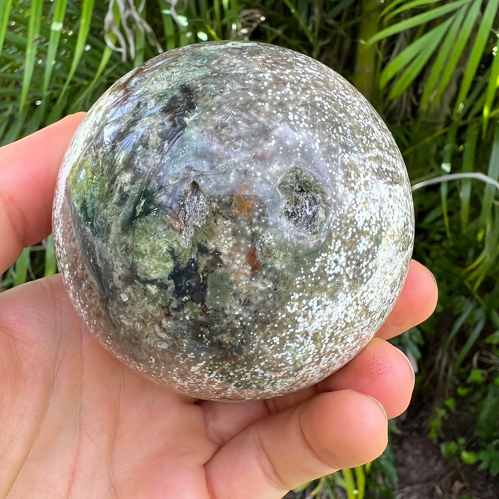 Full profile of Grade AA Ocean Jasper sphere ready to ship from Beyond Bohemian