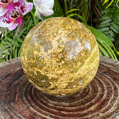 Ocean Jasper sphere in Green, Pink tones, ethically sourced from Madagascar for Emotional Healing and Stress Relief