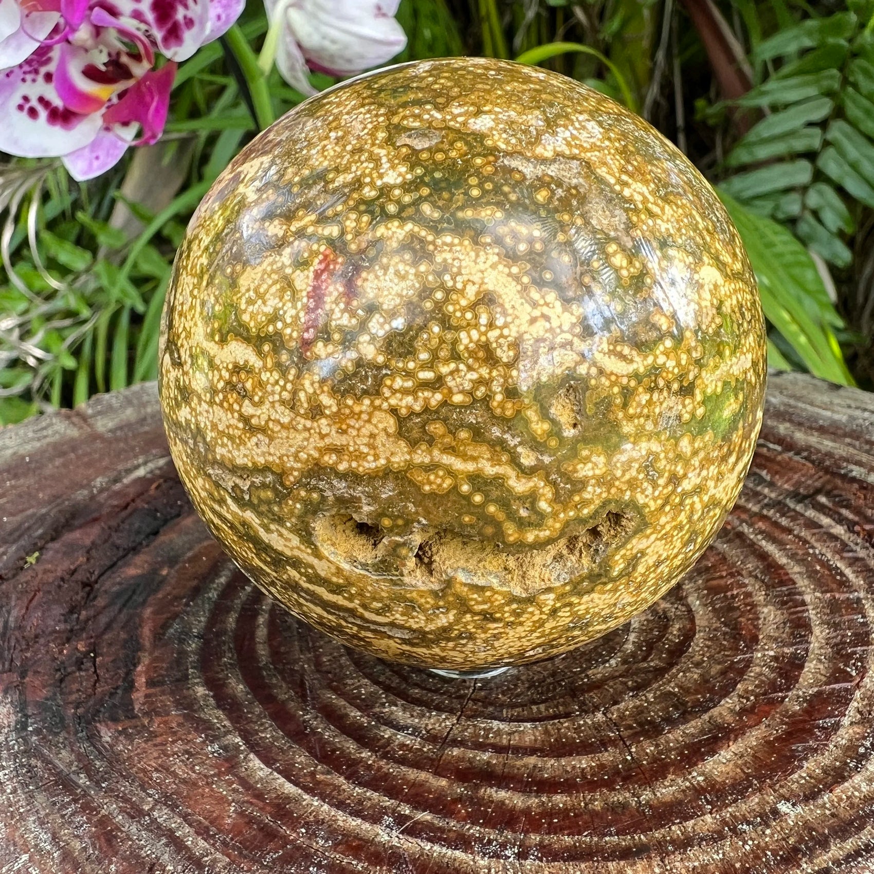 Close-up of Ocean Jasper polished sphere, showing characteristic finish.