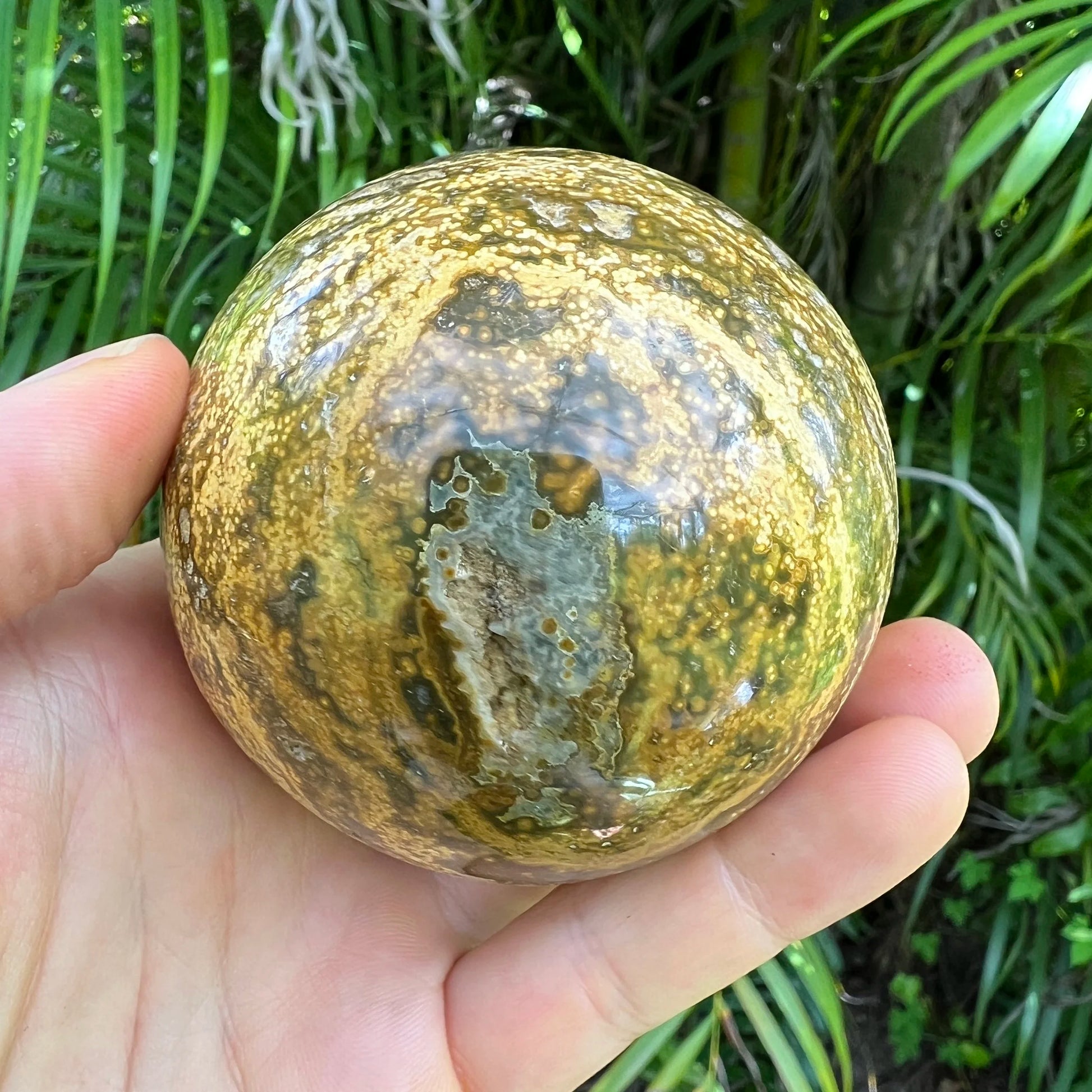 Reverse side of Ocean Jasper polished sphere, sourced from Madagascar.
