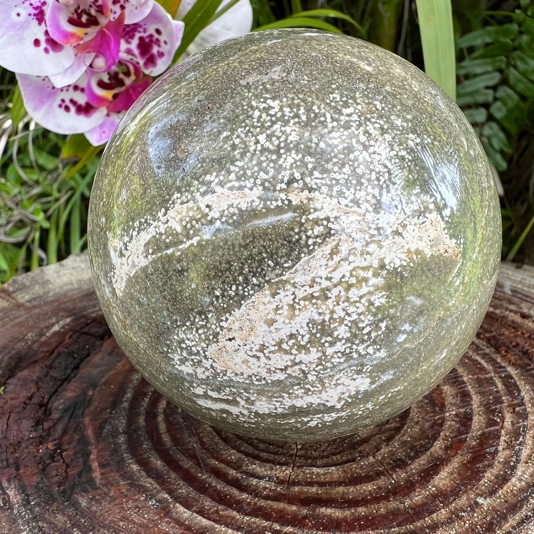 Magnified detail of Ocean Jasper polished sphere, worked with for Emotional Healing and Stress Relief, from Madagascar.