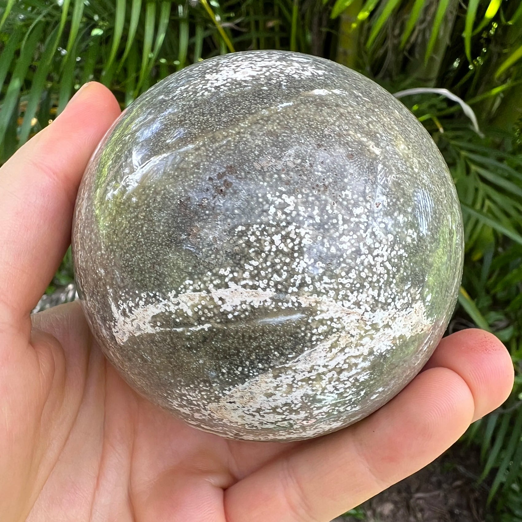 Full profile of Grade AA Ocean Jasper sphere ready to ship from Beyond Bohemian