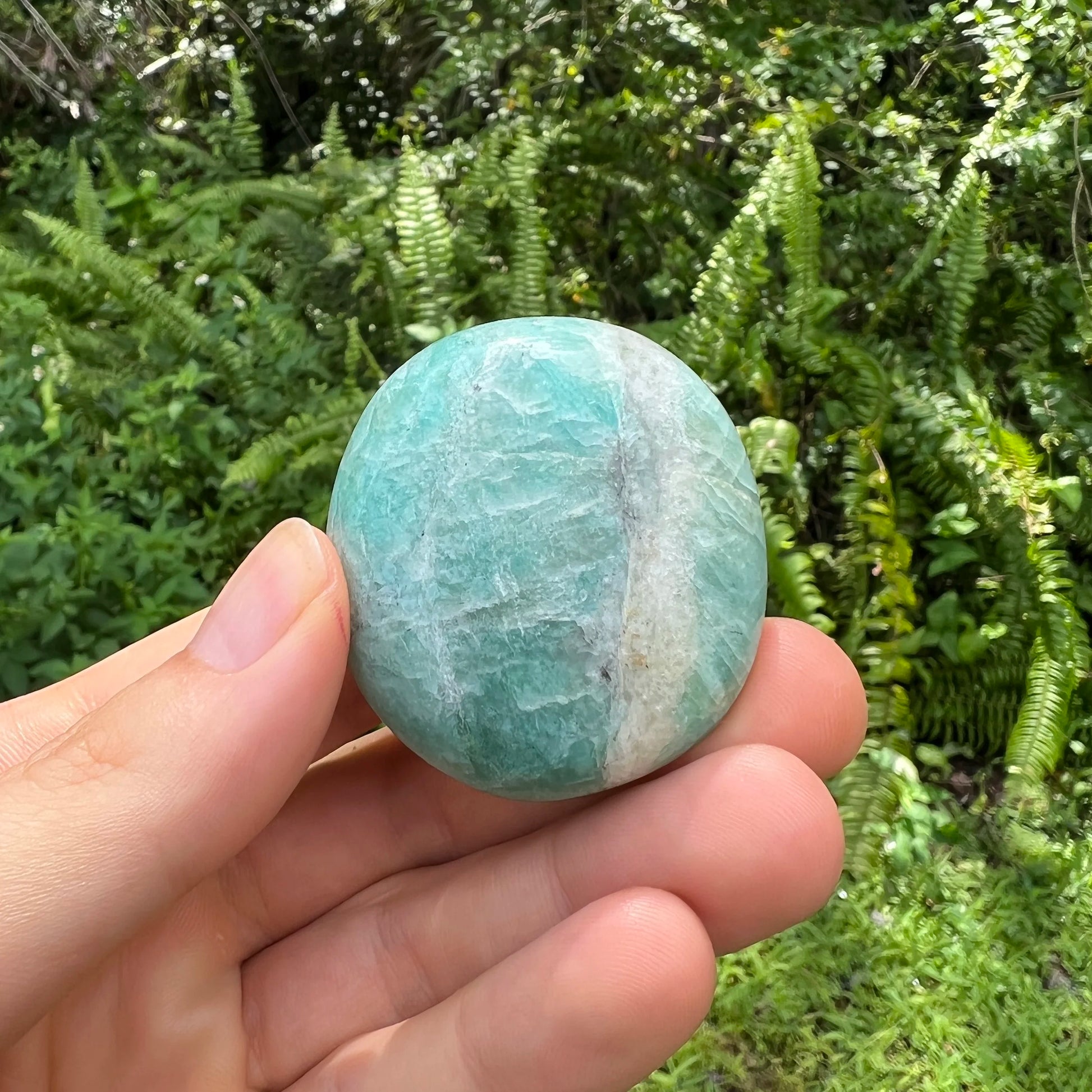 Detail shot of Grade A Amazonite palm stone under natural light