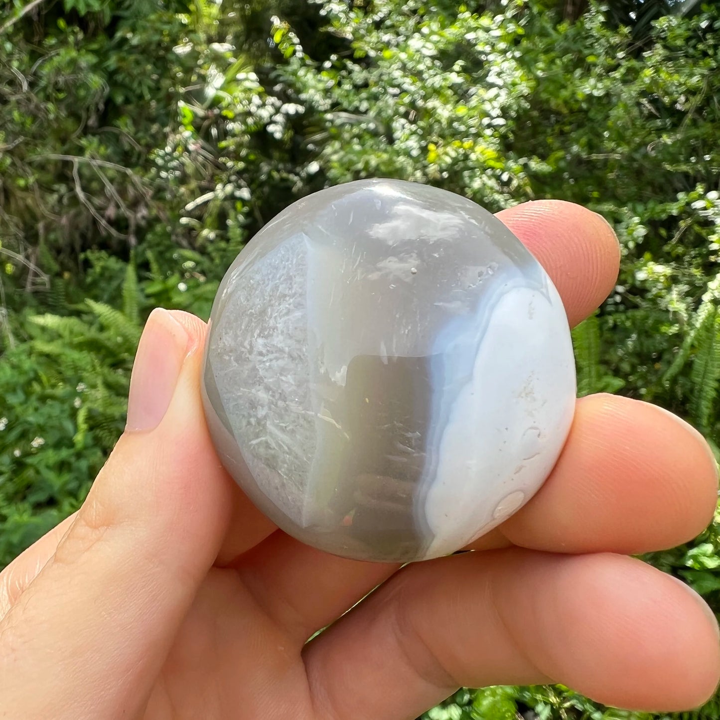 Scale reference of a single Orca Agate palm stone Madagascar-sourced.