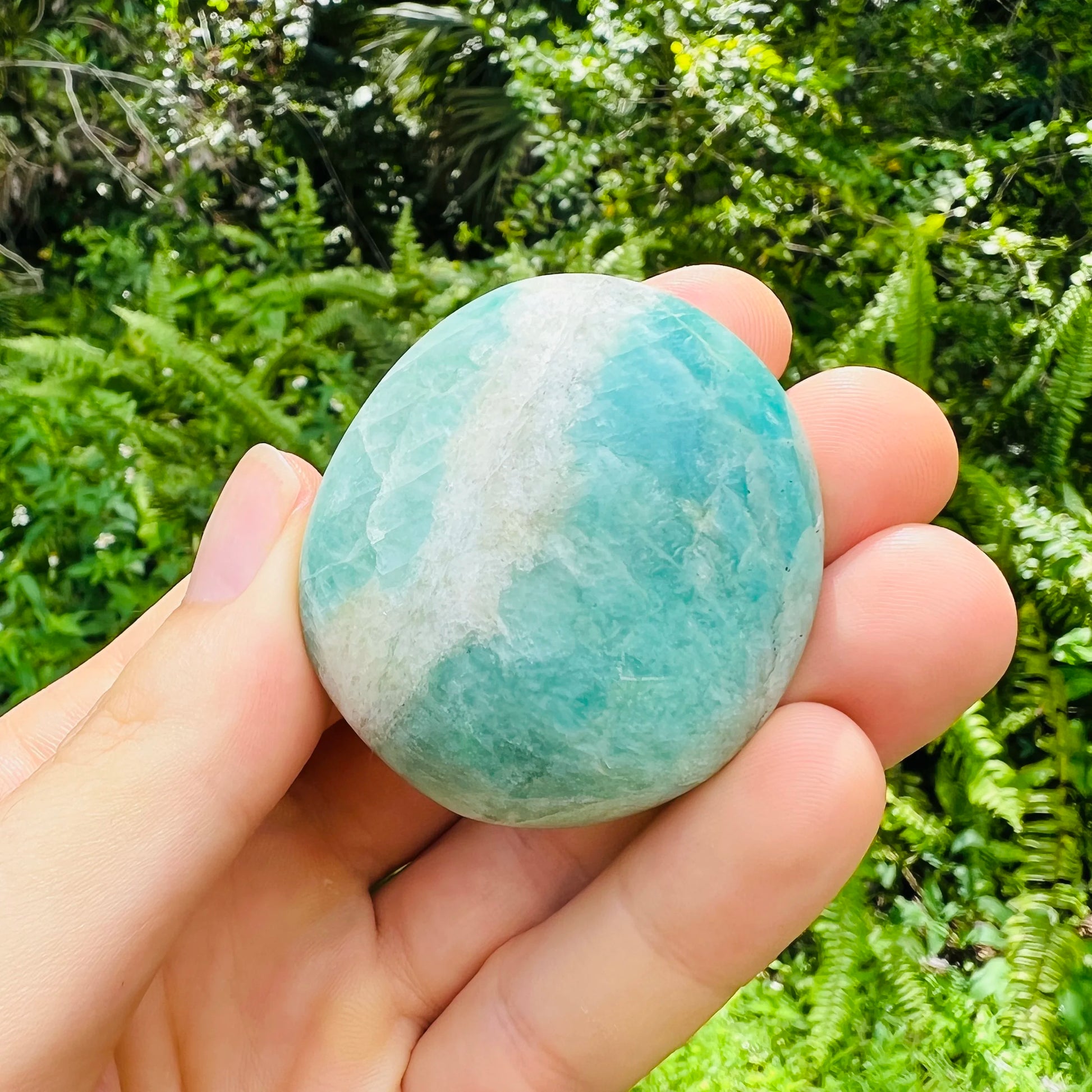 Lifestyle still of Amazonite palm stone, from Amboasitra, Madagascar, captured in soft, even lighting.