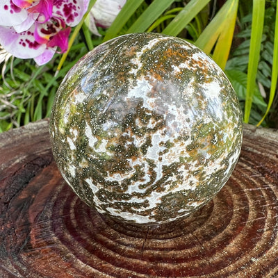 Ocean Jasper sphere in Green, Pink tones, ethically sourced from Madagascar for Emotional Healing and Stress Relief