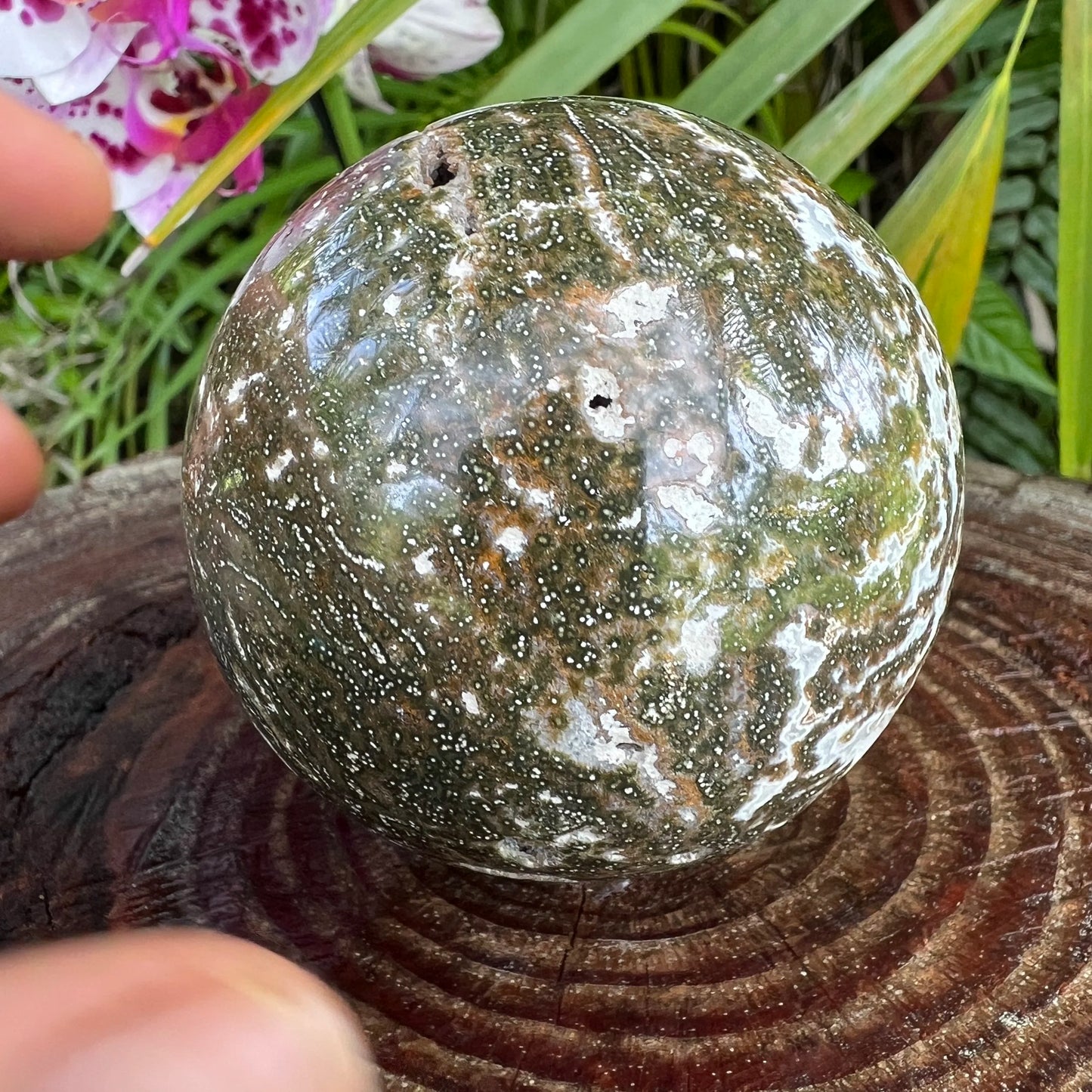 Close detail of green Ocean Jasper polished sphere, from Madagascar, turned to for Emotional Healing and Stress Relief.