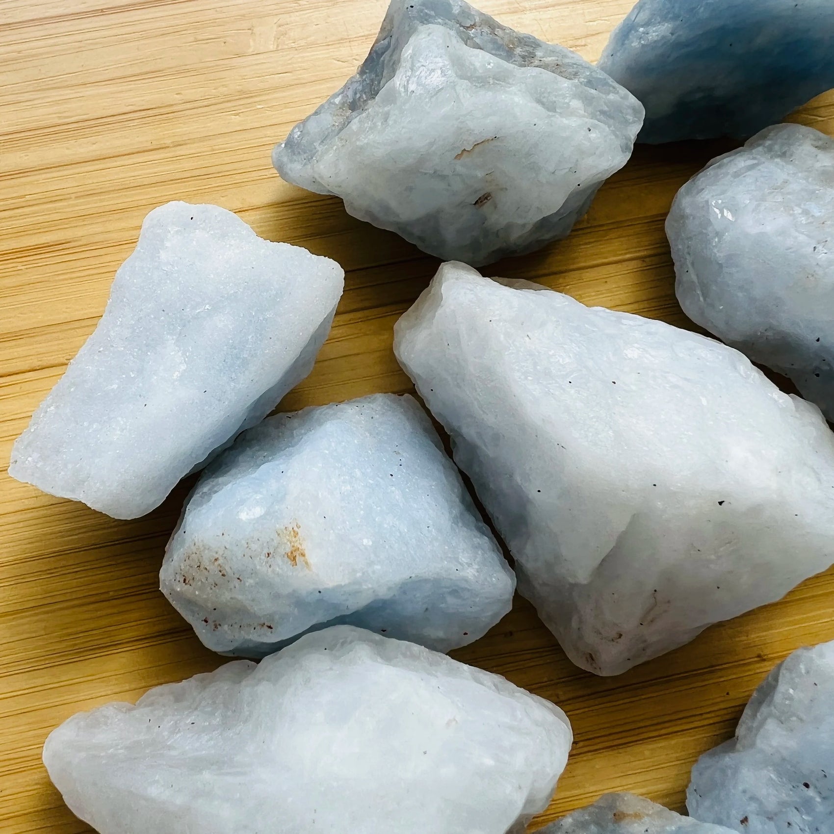 Side perspective of Blue Calcite raw stone, from Ambatondrazaka, Madagascar.
