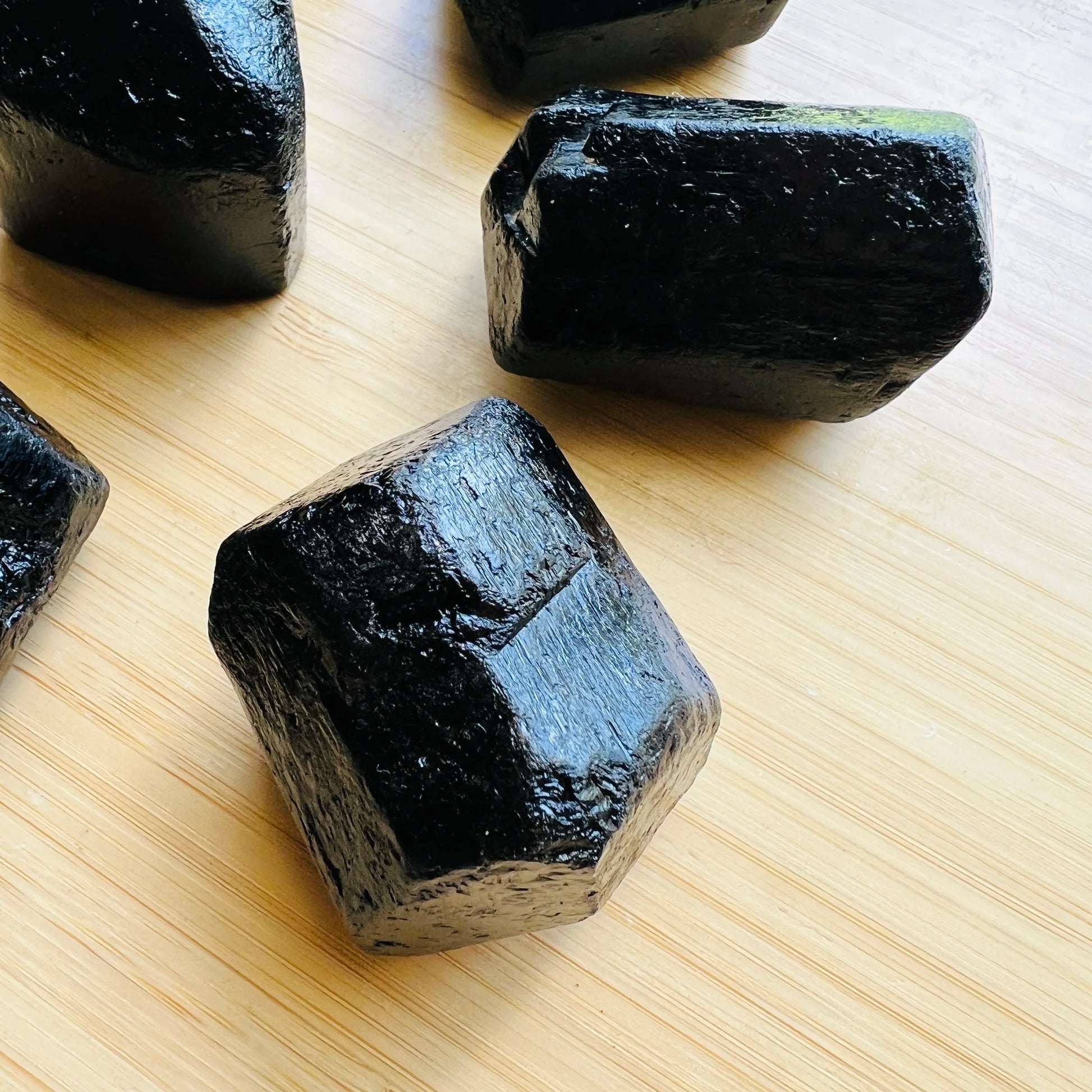 Detail shot of Grade A Black Tourmaline raw under natural light