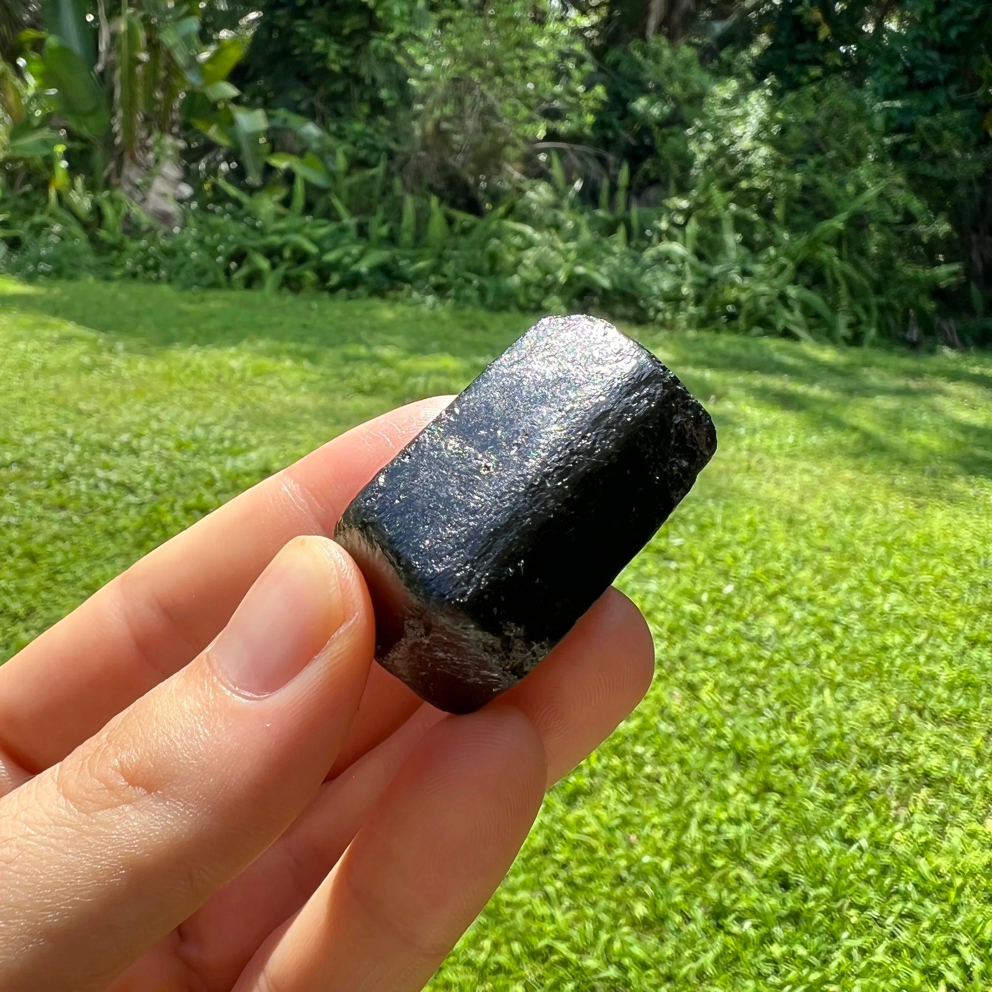 Grade a black tourmaline raw held in hand for size reference