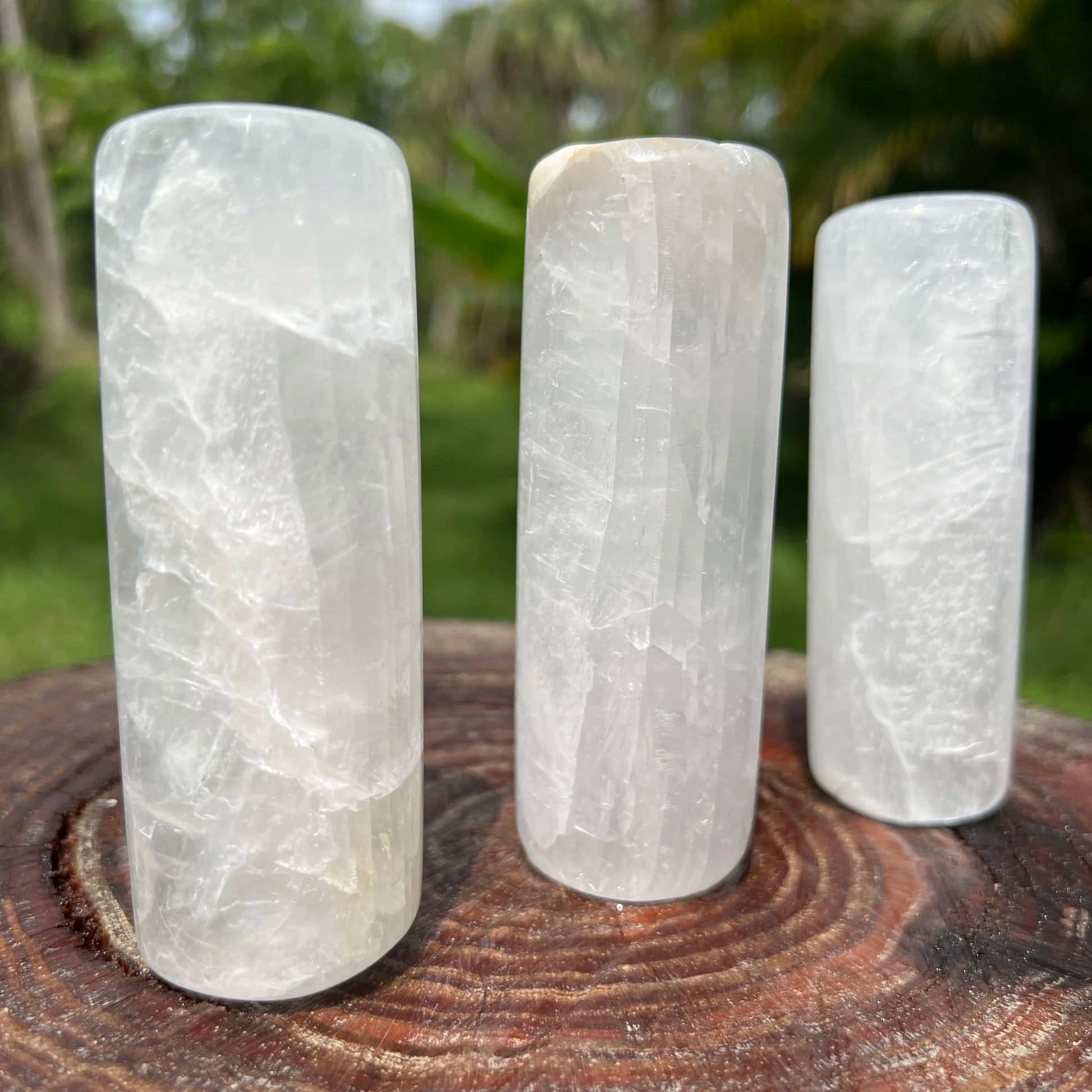 Color detail of Selenite polished cylinder, United States-sourced.