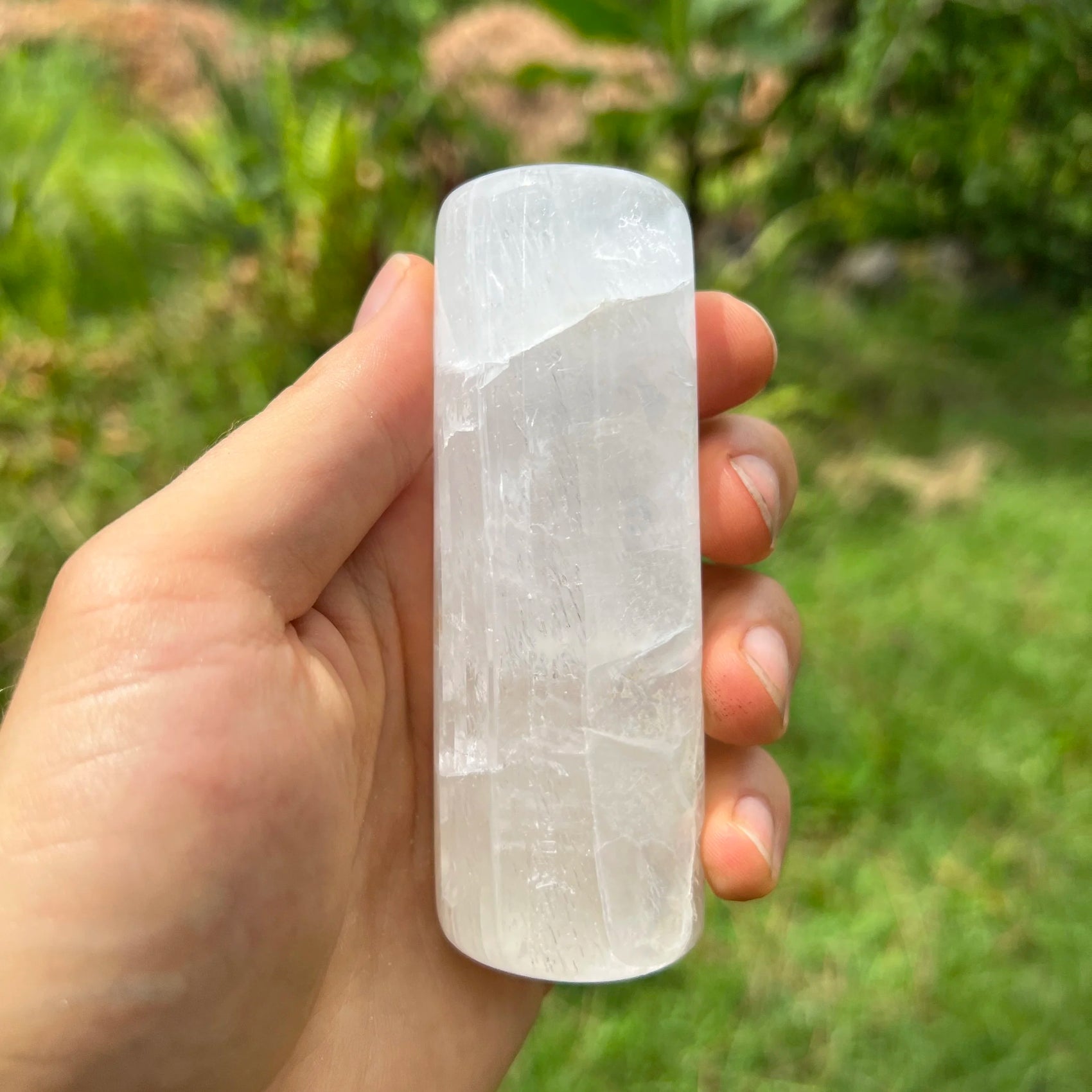 Back view of Selenite polished cylinder, hand-selected from New Mexico, USA.