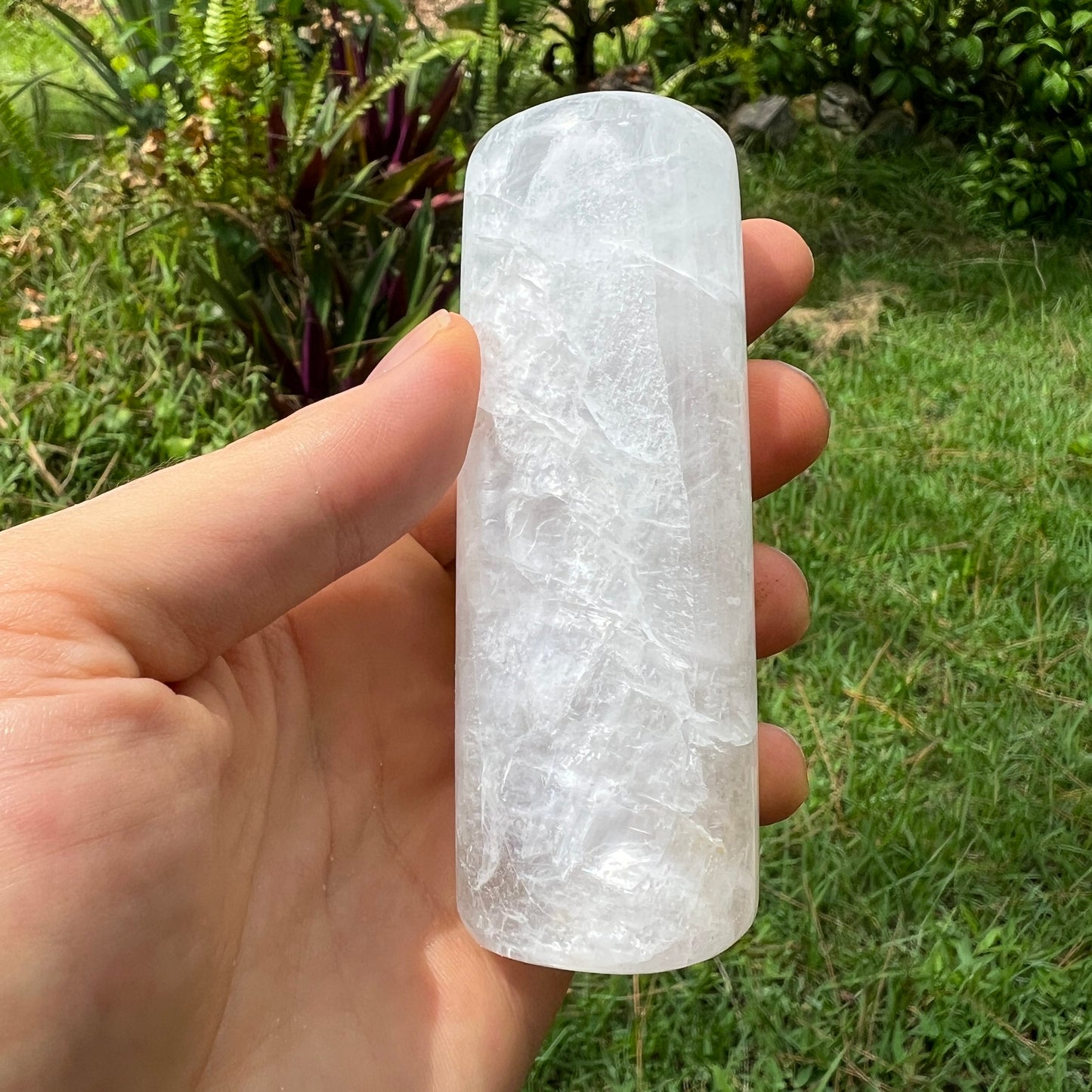 Hand-held view of a Selenite polished cylinder held against natural backdrop.
