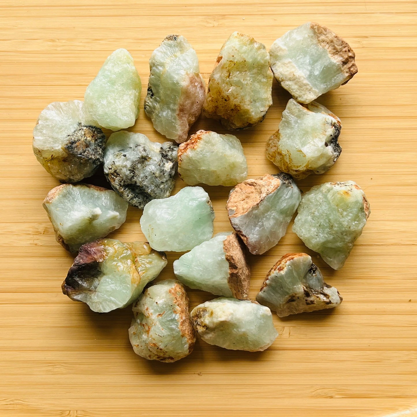 Detail capture of Prehnite raw stone, hand-selected from Kunene, Namibia, to support Healing.