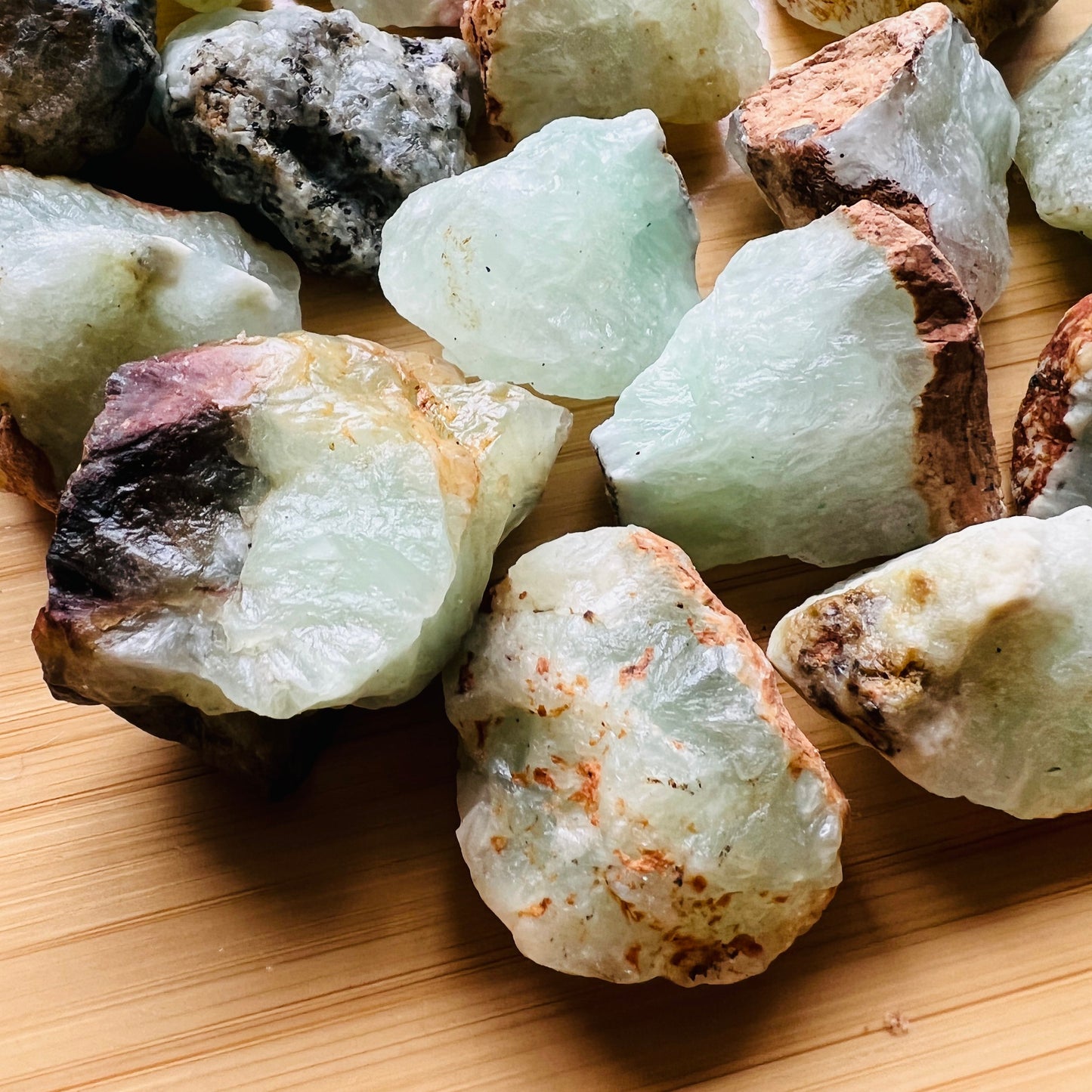Edge view of Prehnite raw stone, turned to for Healing and Meditation.