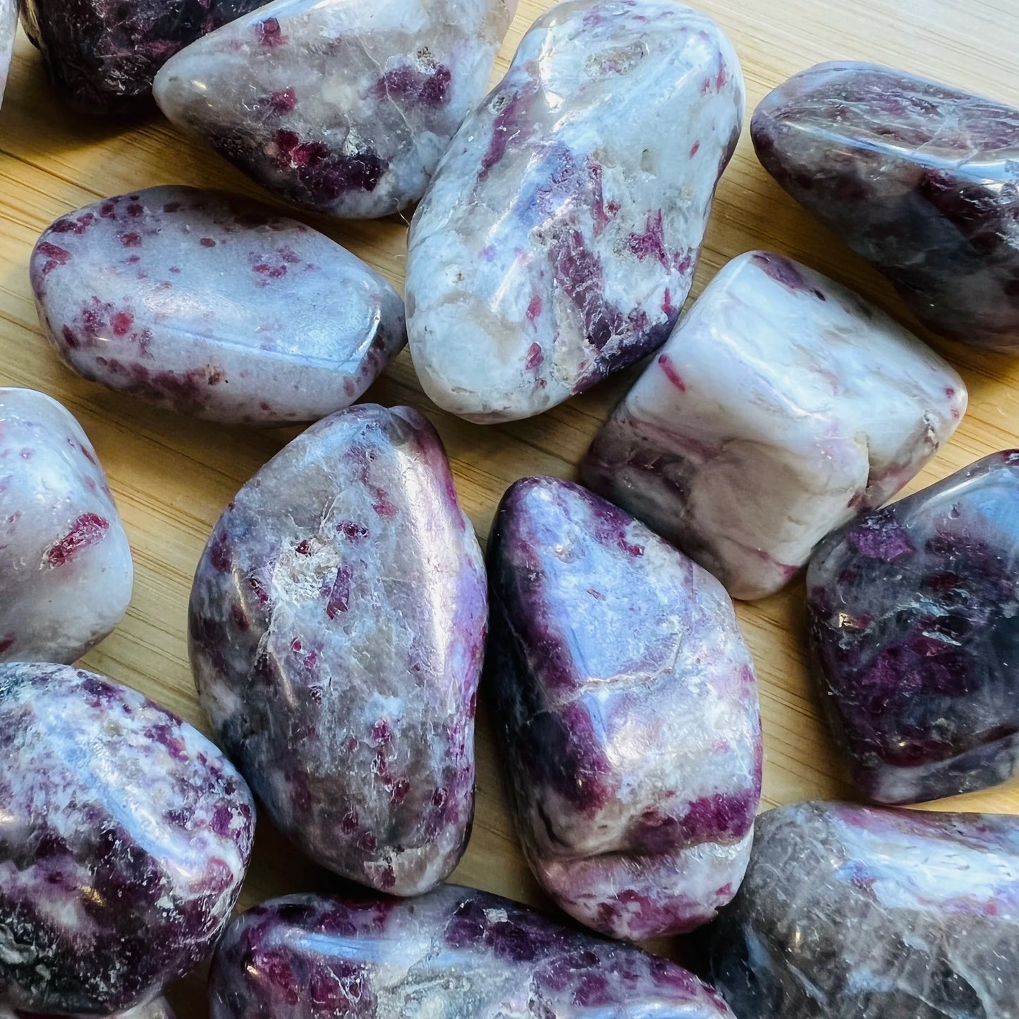 Detail of Pink Tourmaline tumbled stone, Madagascar-sourced.