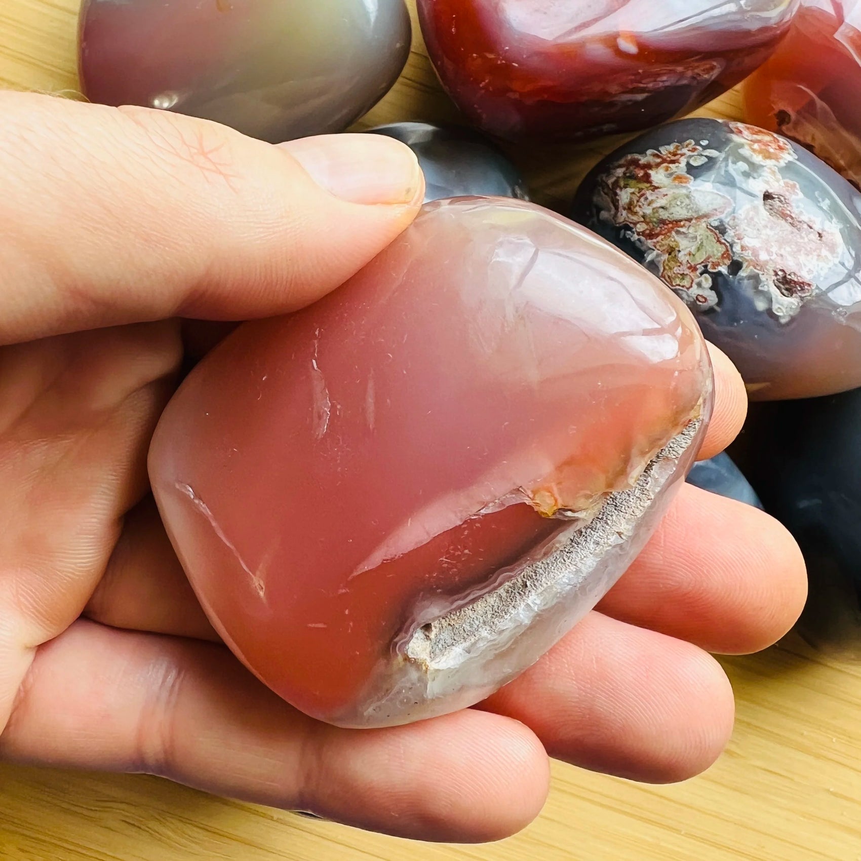 Scale reference of a Red Agate palm stone associated with Grounding and Protection, from Zimbabwe.